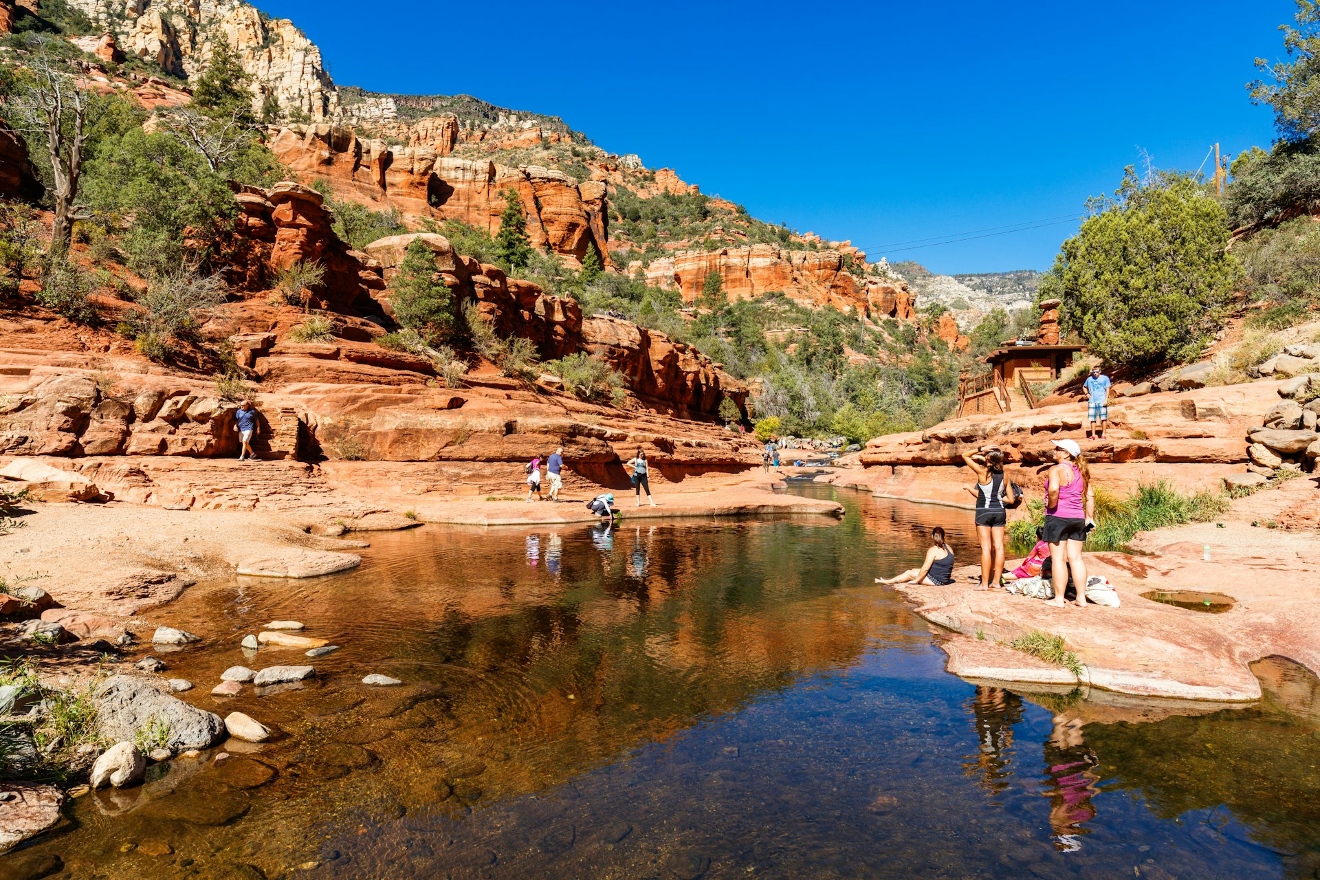 Several groups of people in outdoor clothing linger around a creek at the bottom of a canyon of tall red rocks