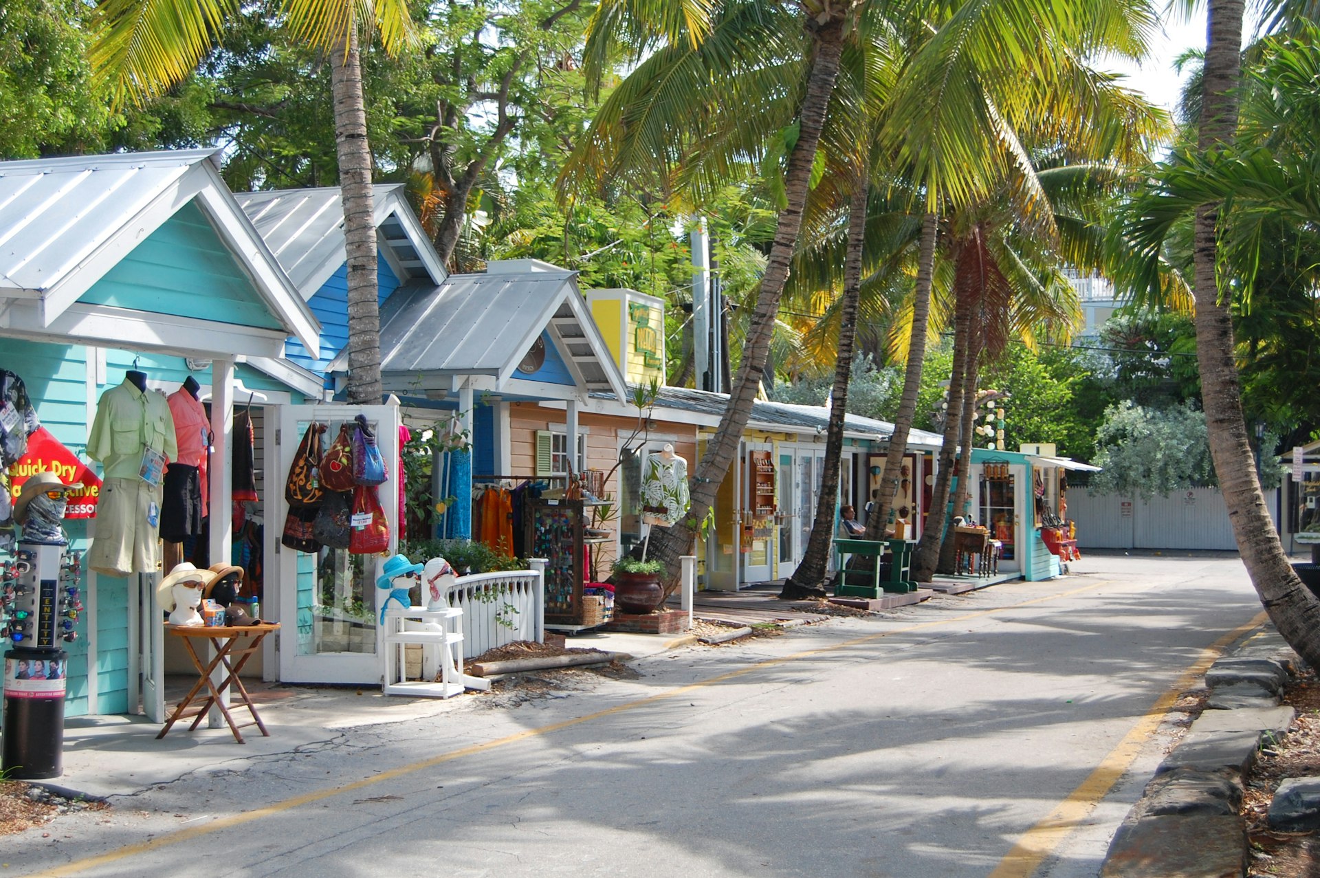 A row of small shops selling souvenirs and beach equipment