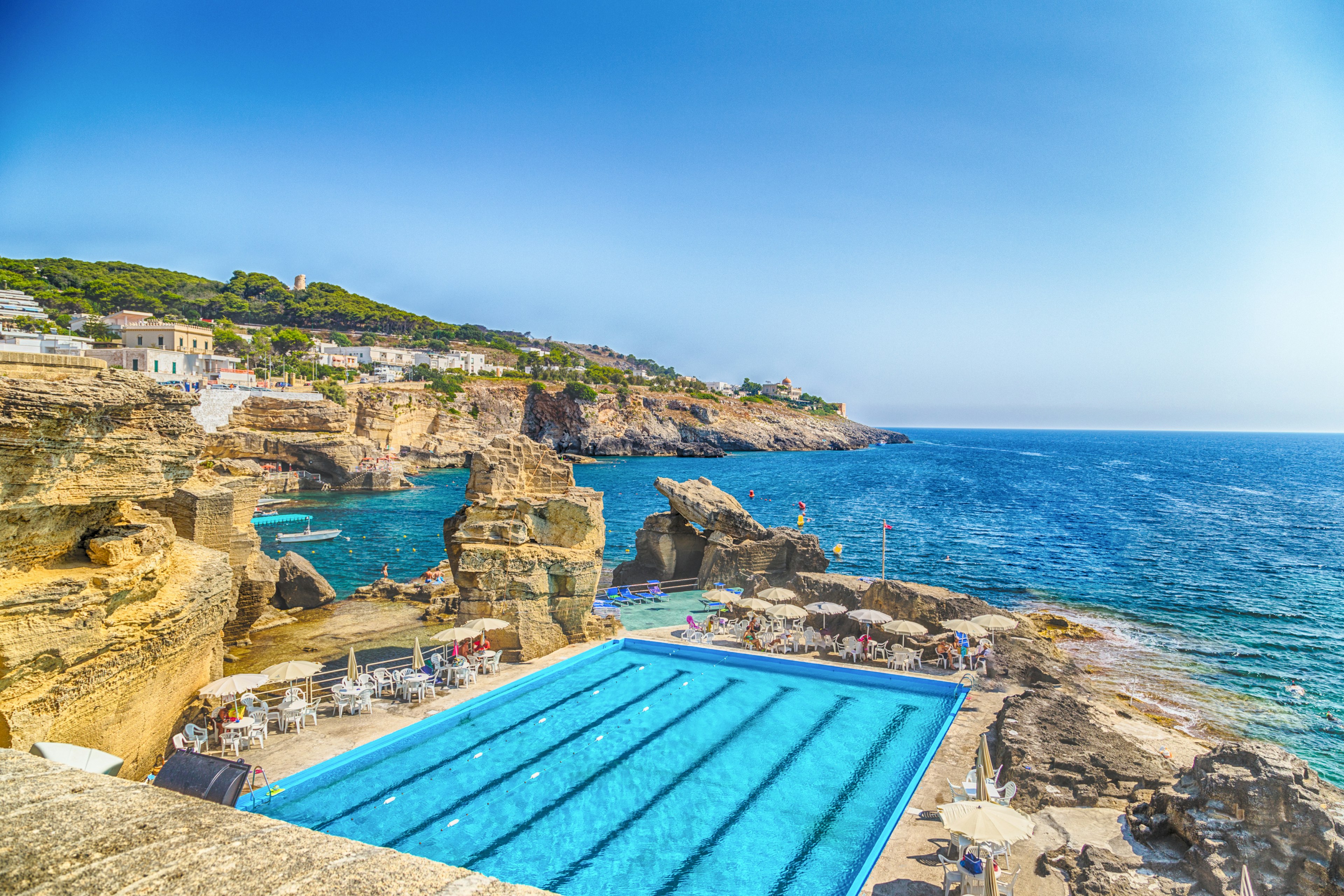 A swimming pool built into a seaside cliff