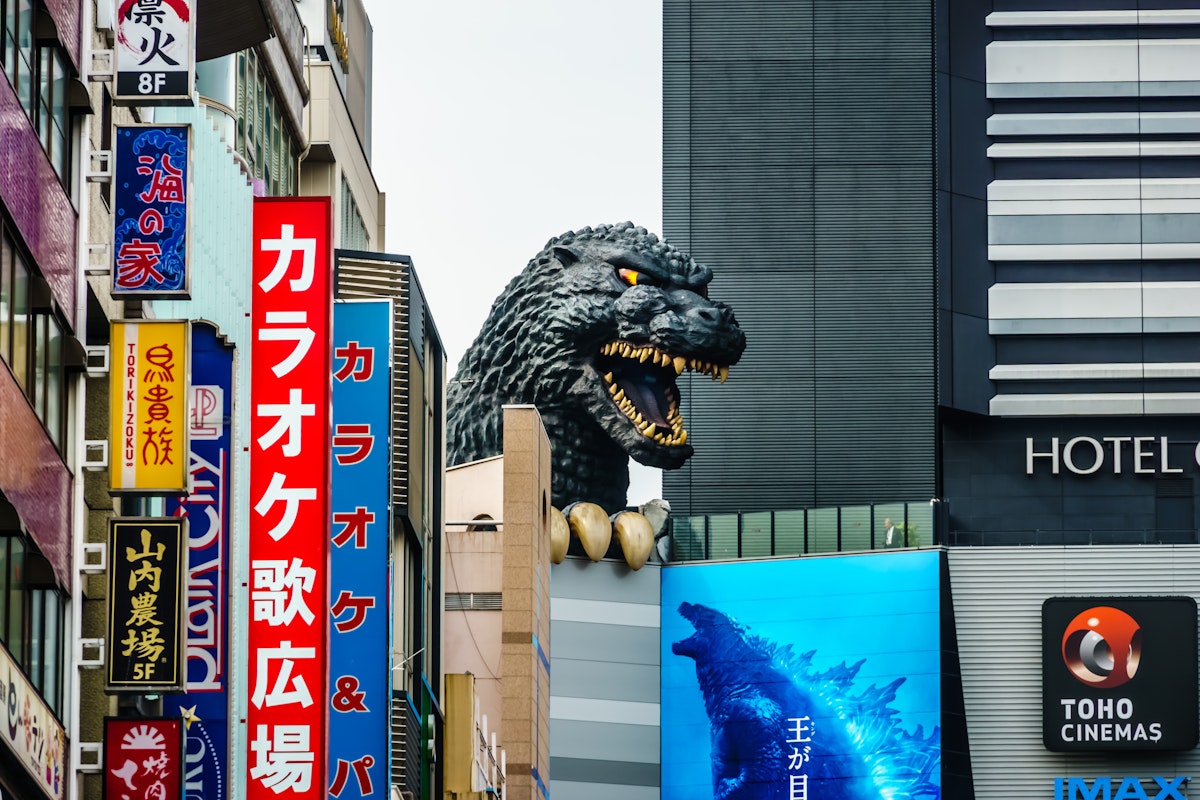 Tokyo, Japan - May 10, 2019: At Godzilla’s hometown of Tokyo, a giant Godzilla Head of the scaly menace is towering over the Toho Building in the Shinjuku Ward.; Shutterstock ID 1448007500; GL: Lonely Planet; netsuite: Lonely Planet Destinations Content; full: Tokyo Free Things Artile; name: Gemma Graham
1448007500
Japan-Tokyo-DerekTeo-Shutterstock-1448007500-RFE.jpg
Tokyo, Japan - May 10, 2019: At Godzilla’s hometown of Tokyo, a giant Godzilla Head of the scaly menace is towering over the Toho Building in the Shinjuku Ward.