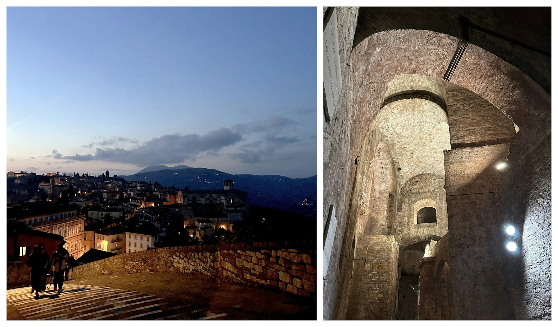 Left: the last few minutes of light over the town of Perugia; Right: looking up in an underground fortress