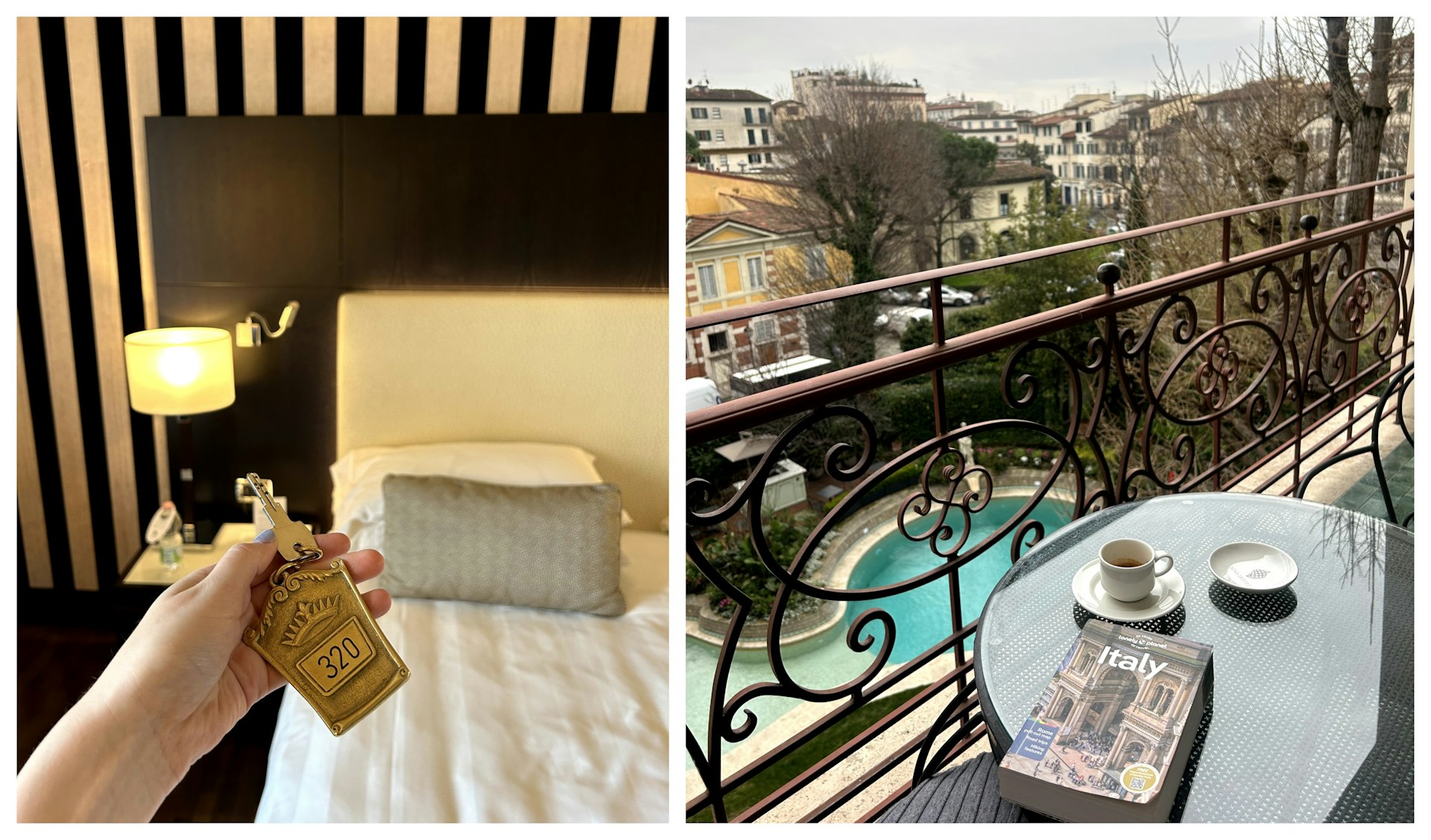 L: holding a hotel room key in front of the bed; R: A view of the hotel pool from a room balcony