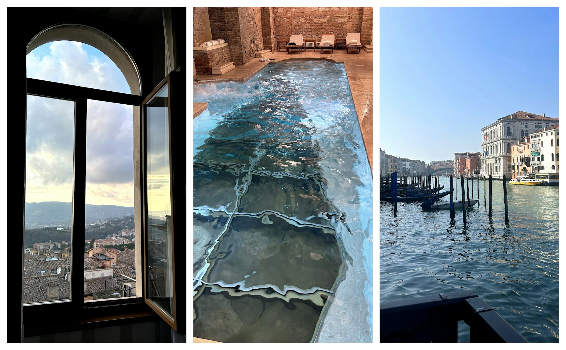 Left: A view of the town of Perugia framed by a window; Middle: a swimming pool with glass on its floor that looks over ruins; Right: a view of the Grand Canal in Venice