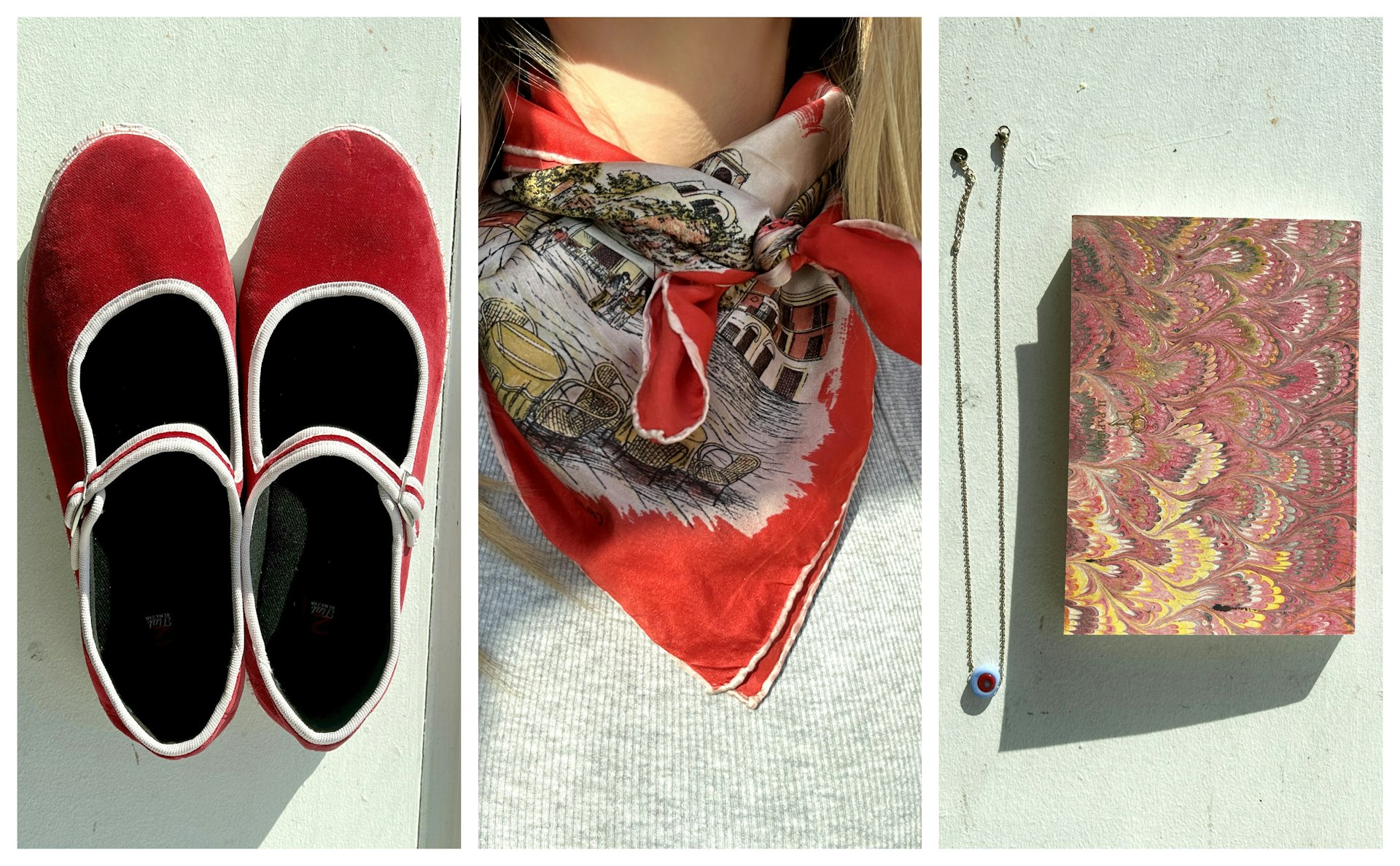 Right: a pair of red Mary Janes; Middle: a red neck scarf with illustrations of Capri; Right: a glass bead necklace and marbled notebook 