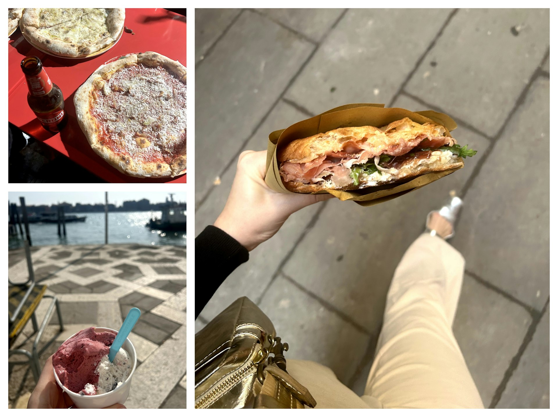 Top left: a whole pizza and a beer; Bottom left: gelato with a view of a canal in Venice; Right: walking while holding a sandwich