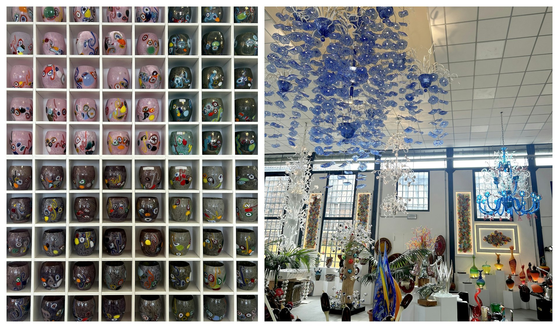 Right: a wall of Murano glass cups; Left: a gallery of glass chandeliers, plants, animals and more 