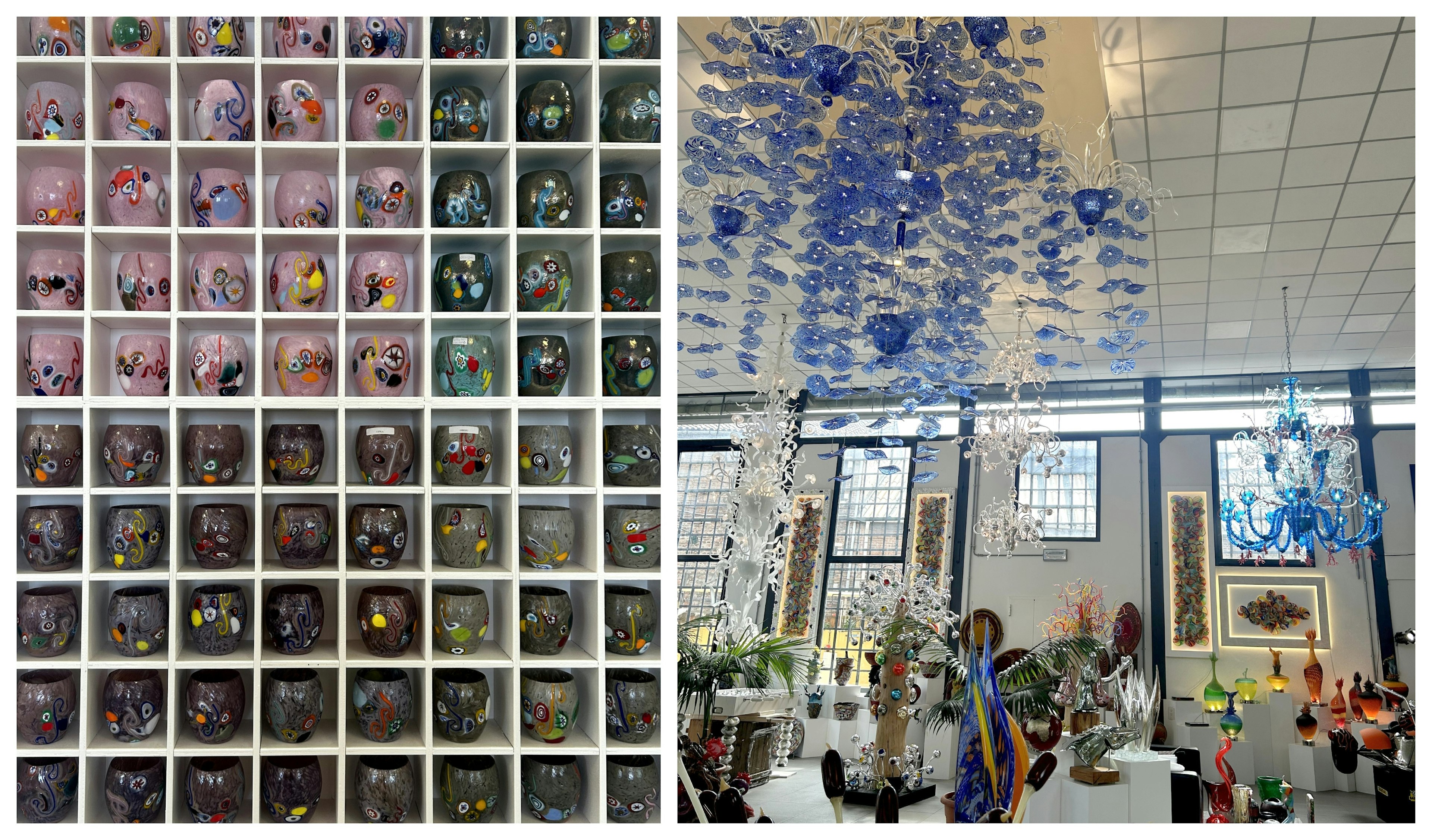 Right: a wall of Murano glass cups; Left: a gallery of glass chandeliers, plants, animals and more