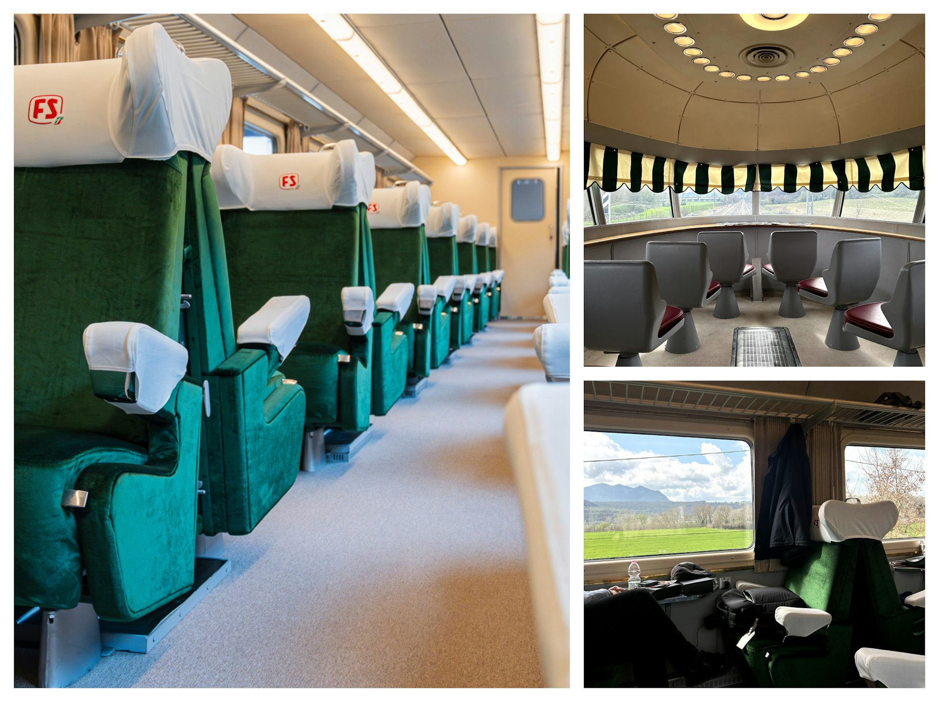 Left: a row of green velvet train seats; Top right: a retro, symmetrical viewing cabin at the rear of the train; Bottom right: a view of the mountains through the train window