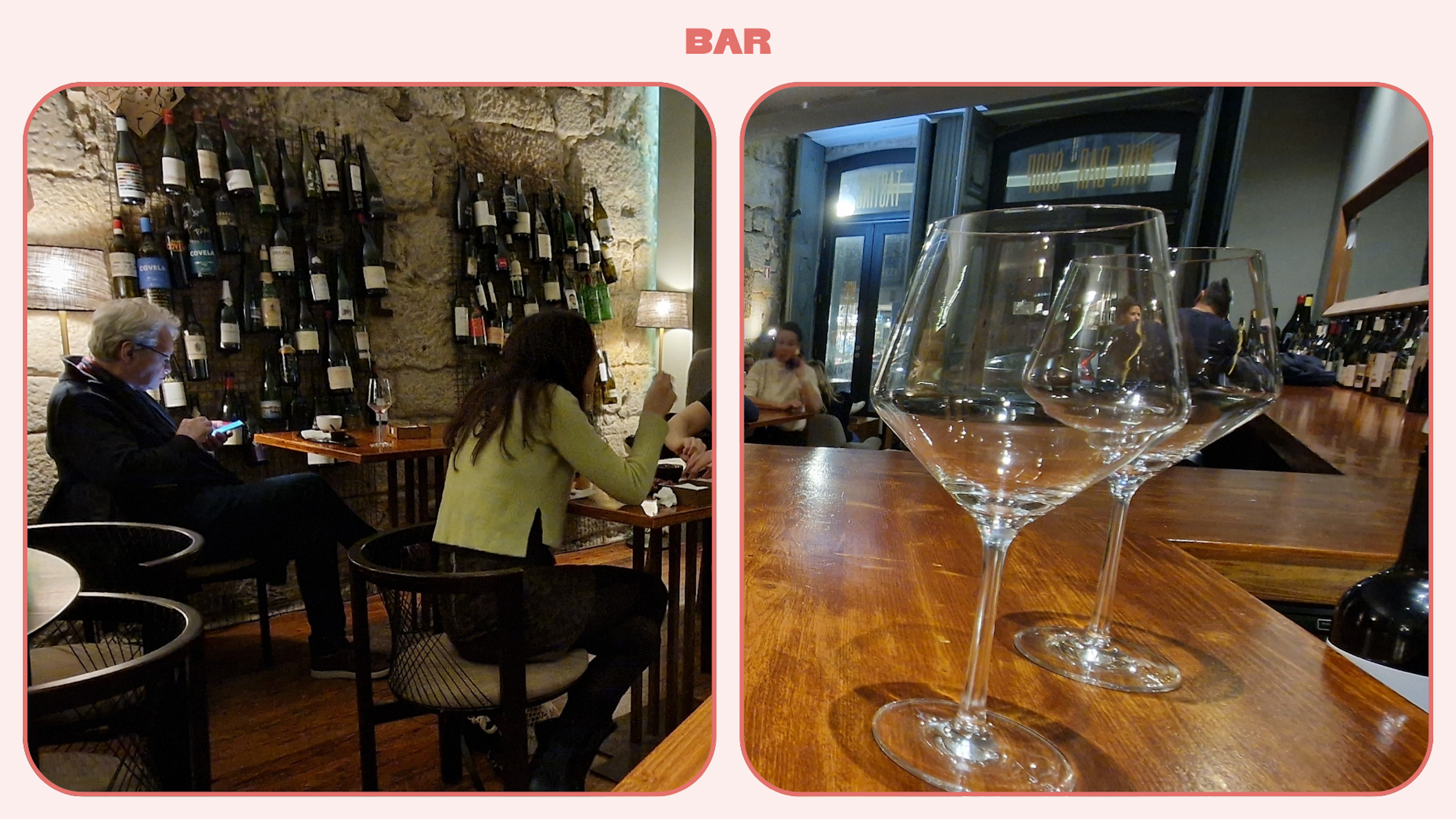 Customers chat in a cosy Porto wine bar where the walls are stacked with bottles of wine