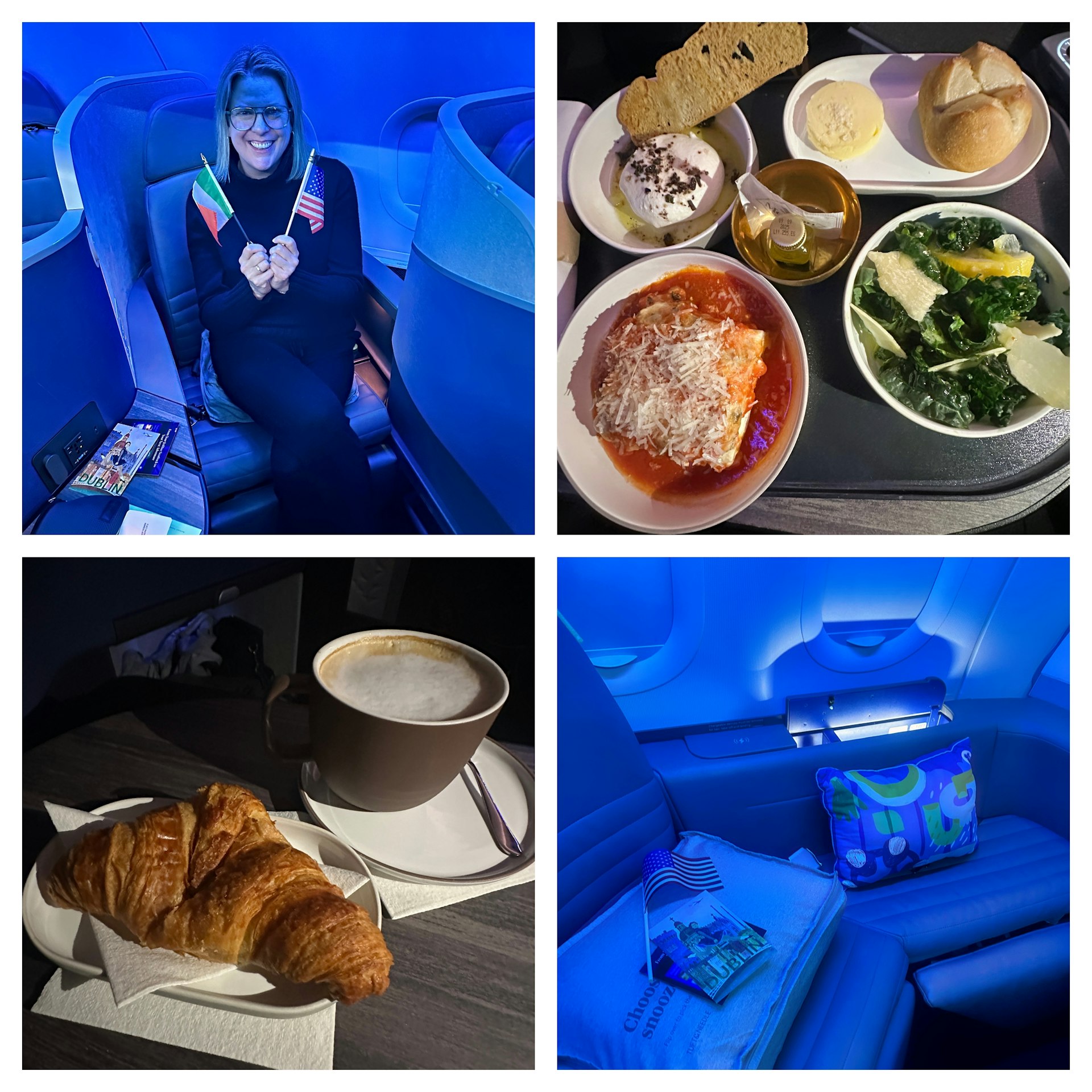 A collage with a woman holding an Irish and a US flag; a tray of inflight food; a croissant and coffee; a dimly lit seating space on a plane