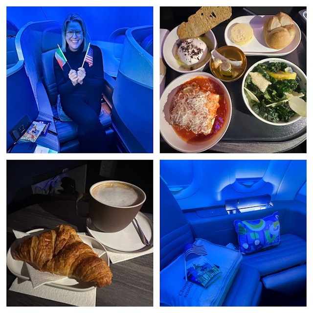 A collage with a woman holding an Irish and a US flag; a tray of inflight food; a croissant and coffee; a dimly lit seating space on a plane