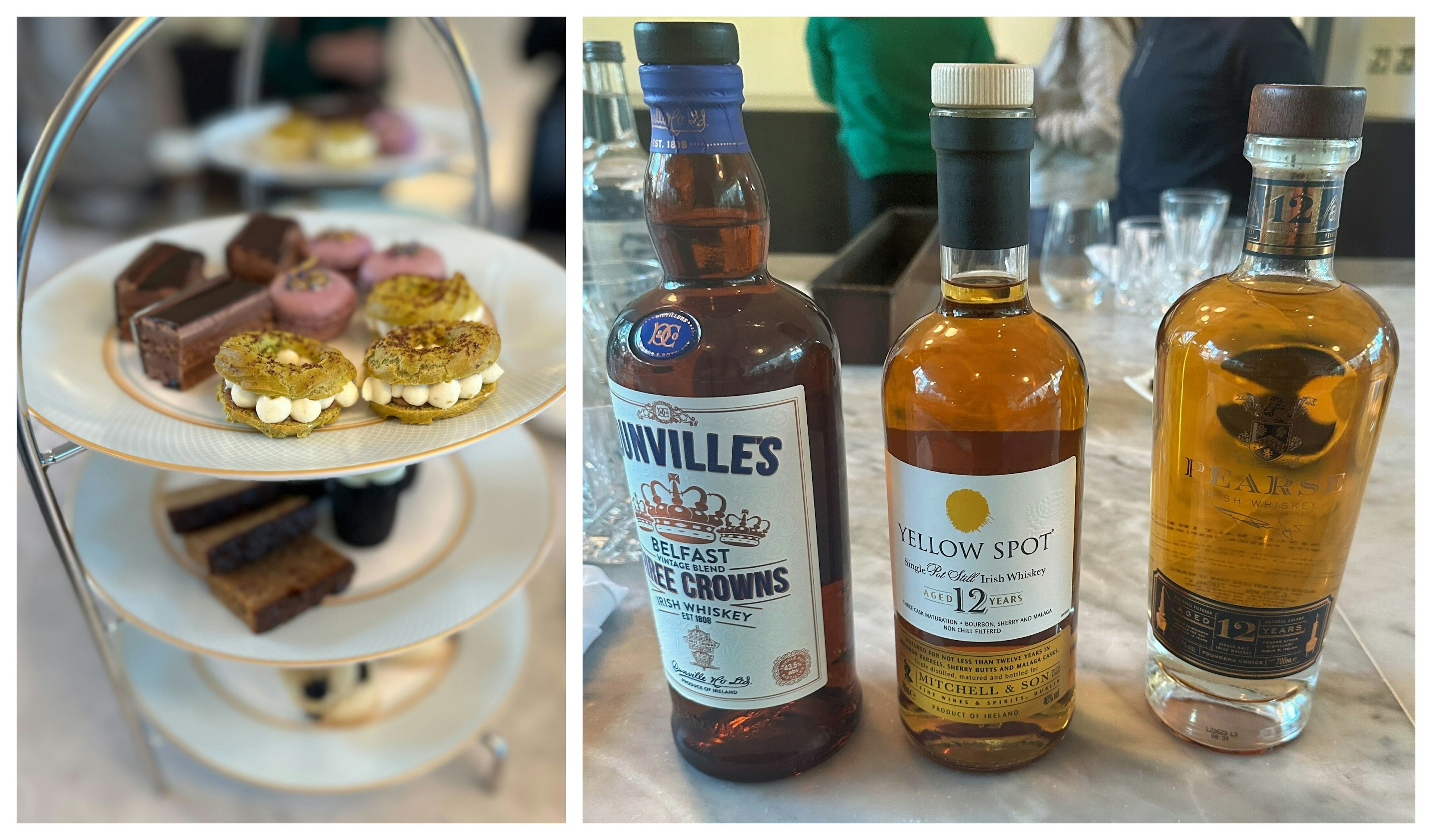 Collage with afternoon tea on one side and whisky bottles on the other