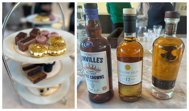 Collage with afternoon tea on one side and whisky bottles on the other