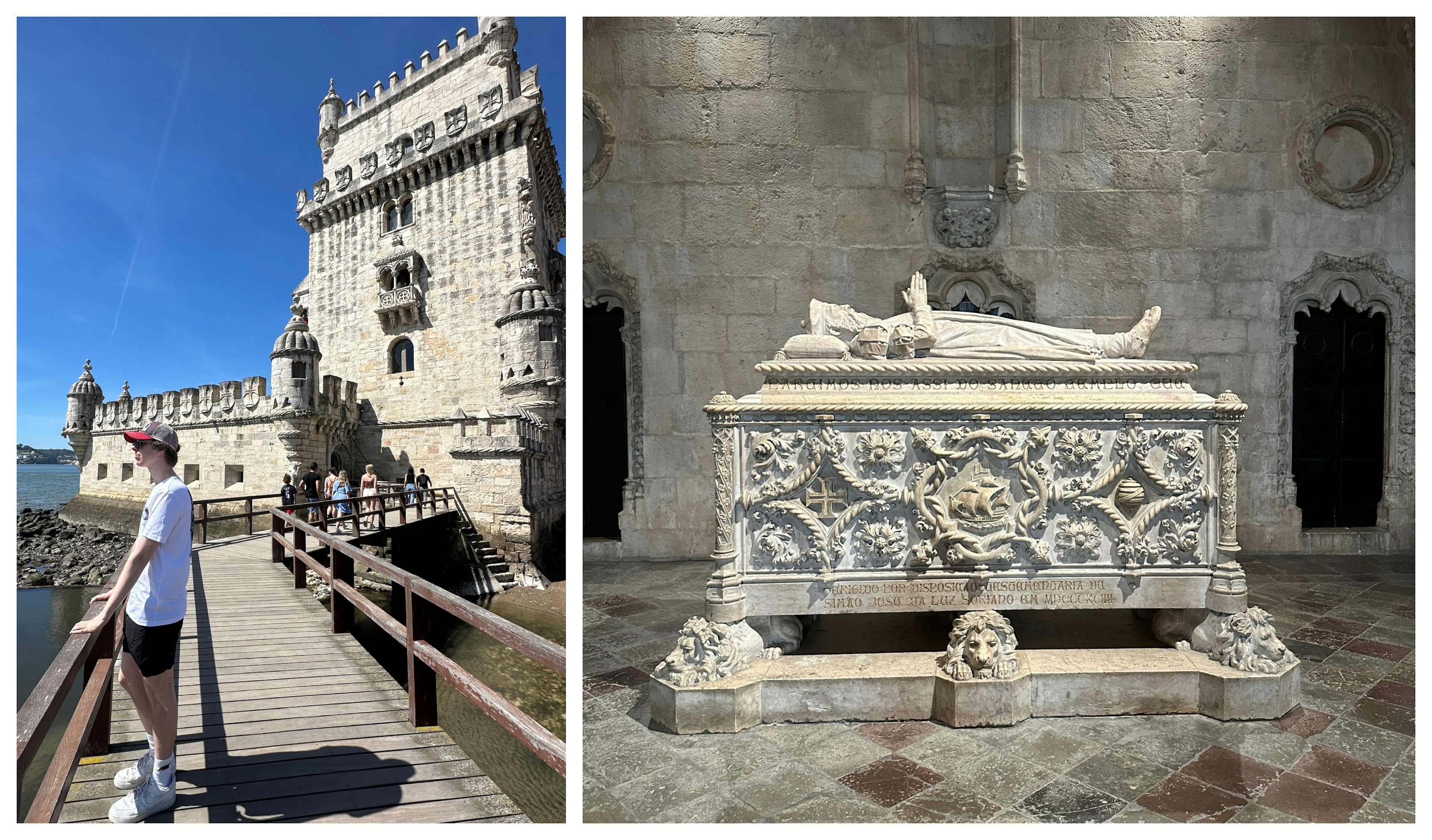 Left: a stone tower on a waterway. Right: a stone tomb inside a monastery