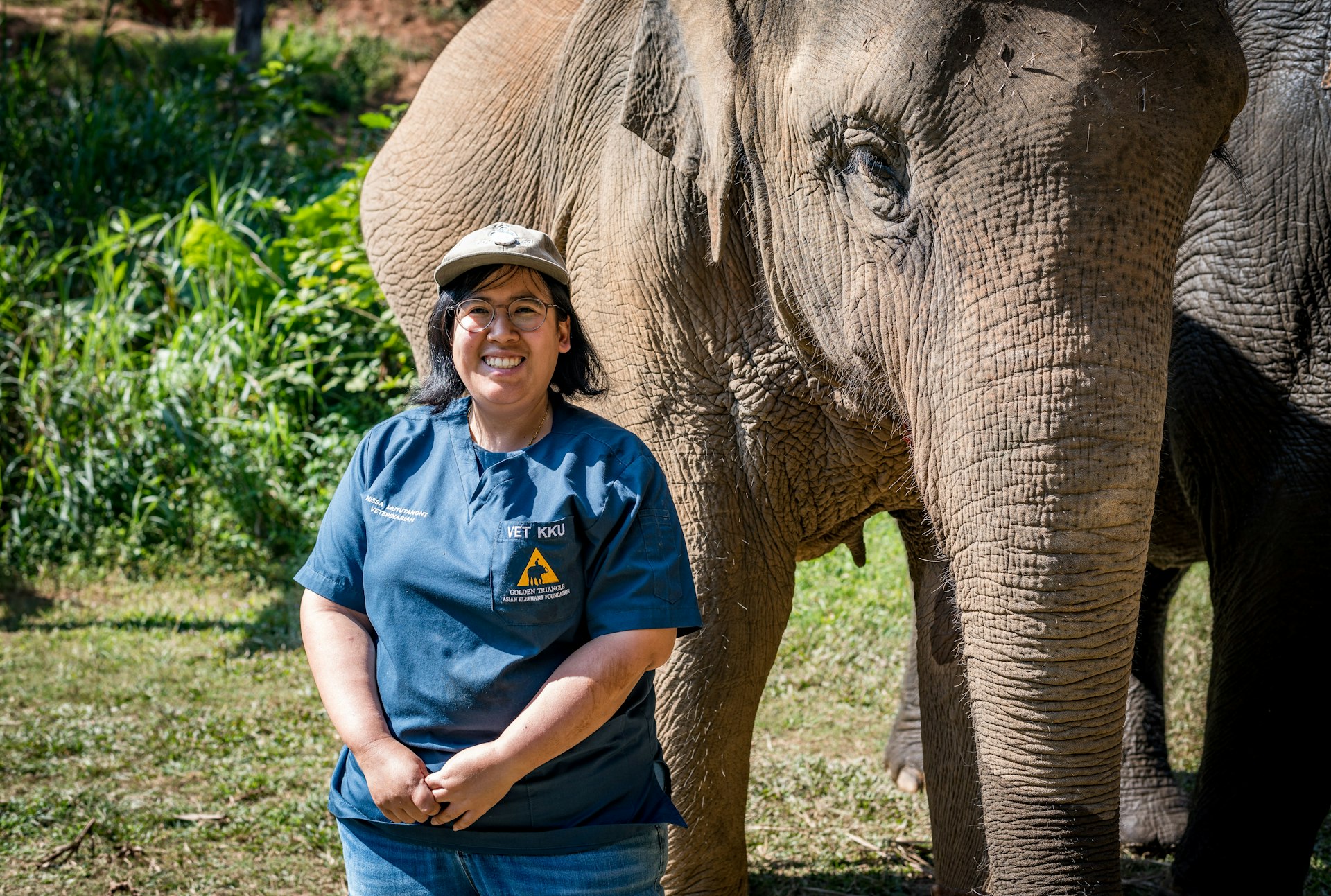A vet stands next to an elephant and smiles into the camera