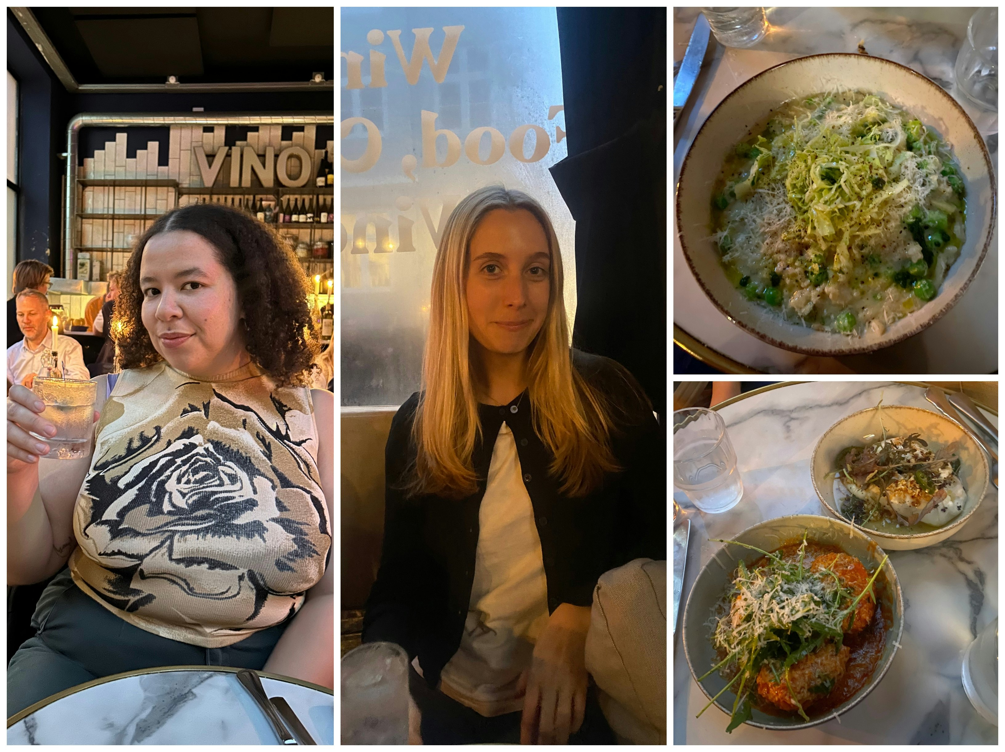 L-R: The writer and her friend posing for photos with their cocktails; their dinner plates