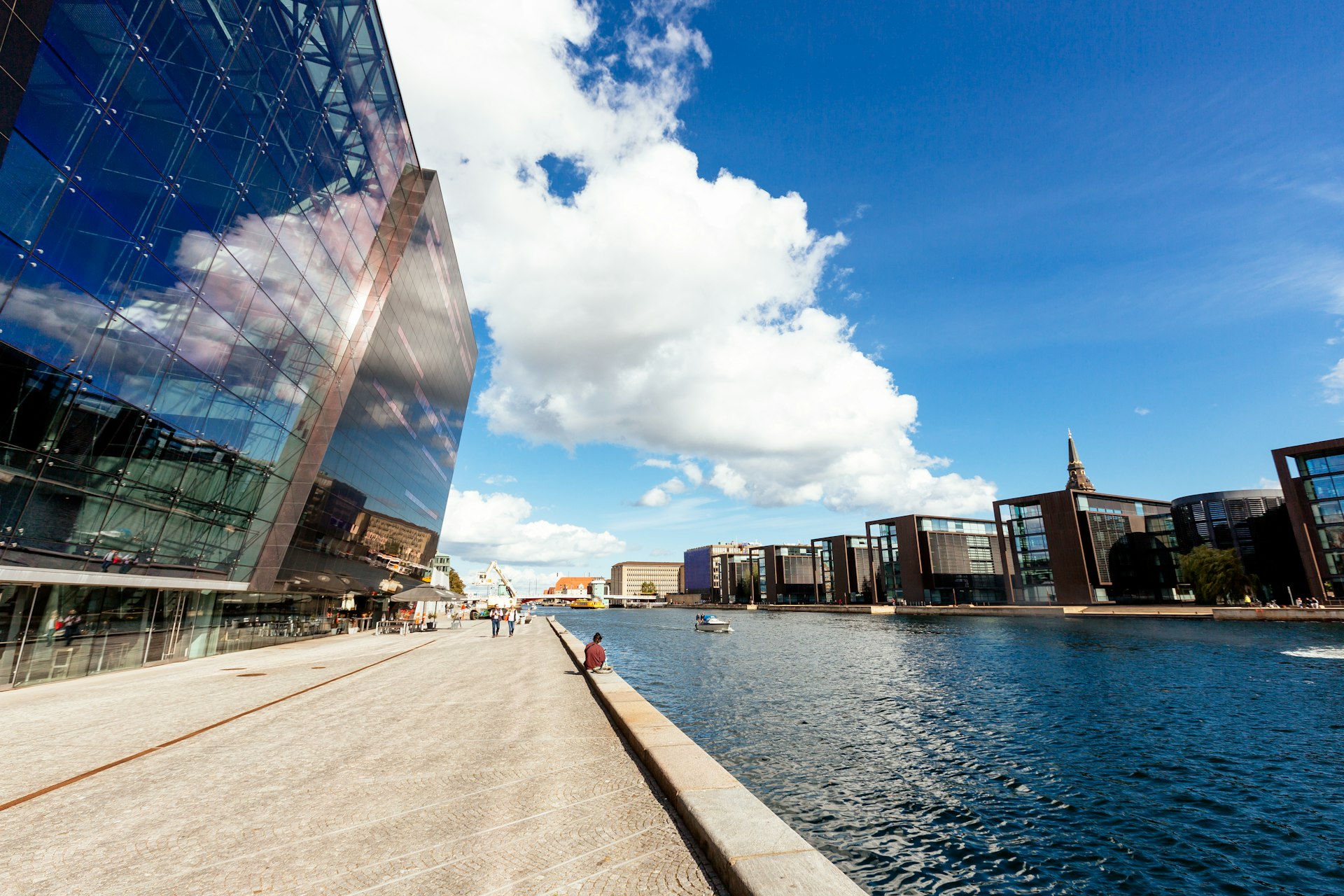 Modern glass buildings along the waterfront in Copenhagen, Denmark