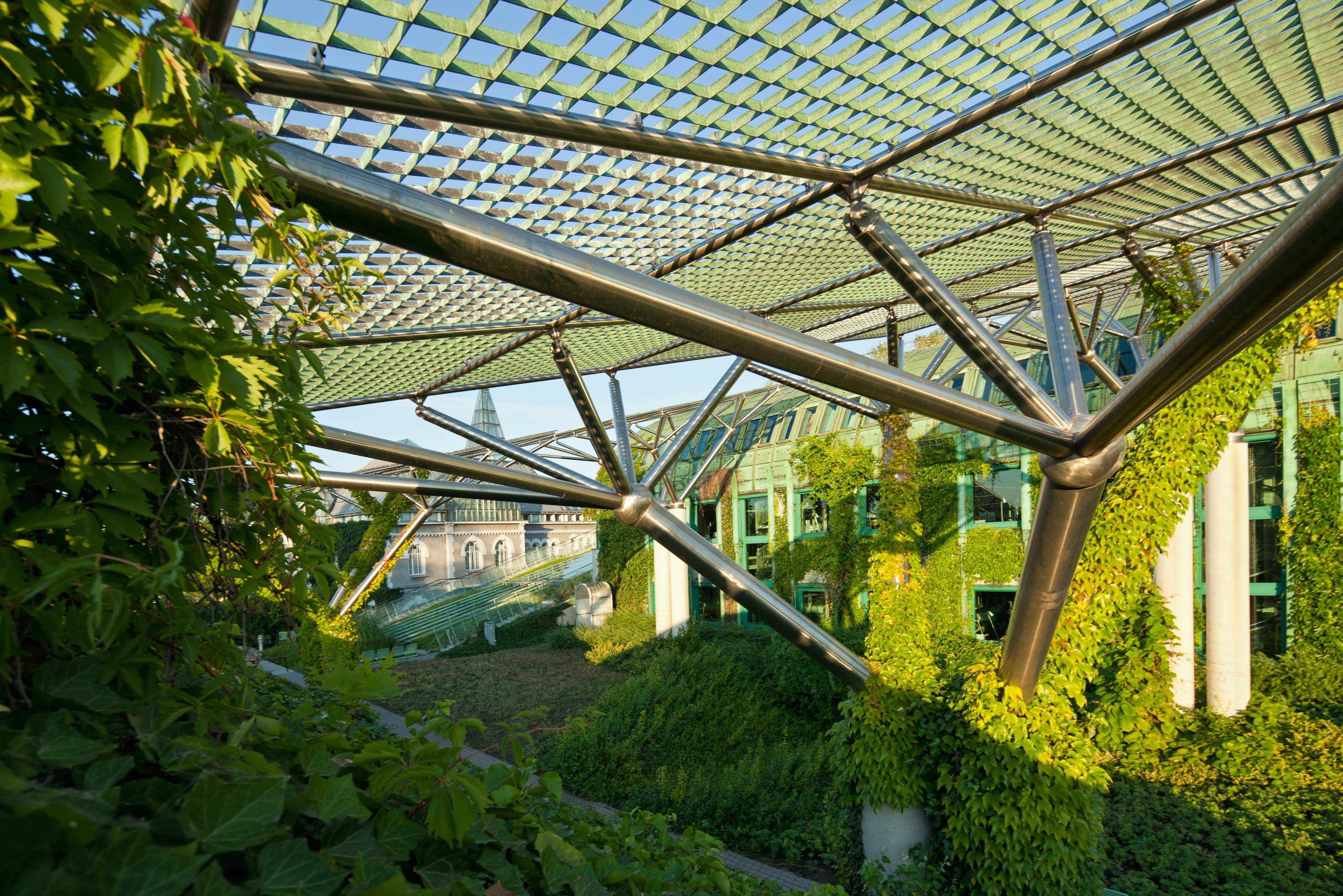 Lush plantings on the rooftop terraces of Warsaw University Library, Warsaw, Poland