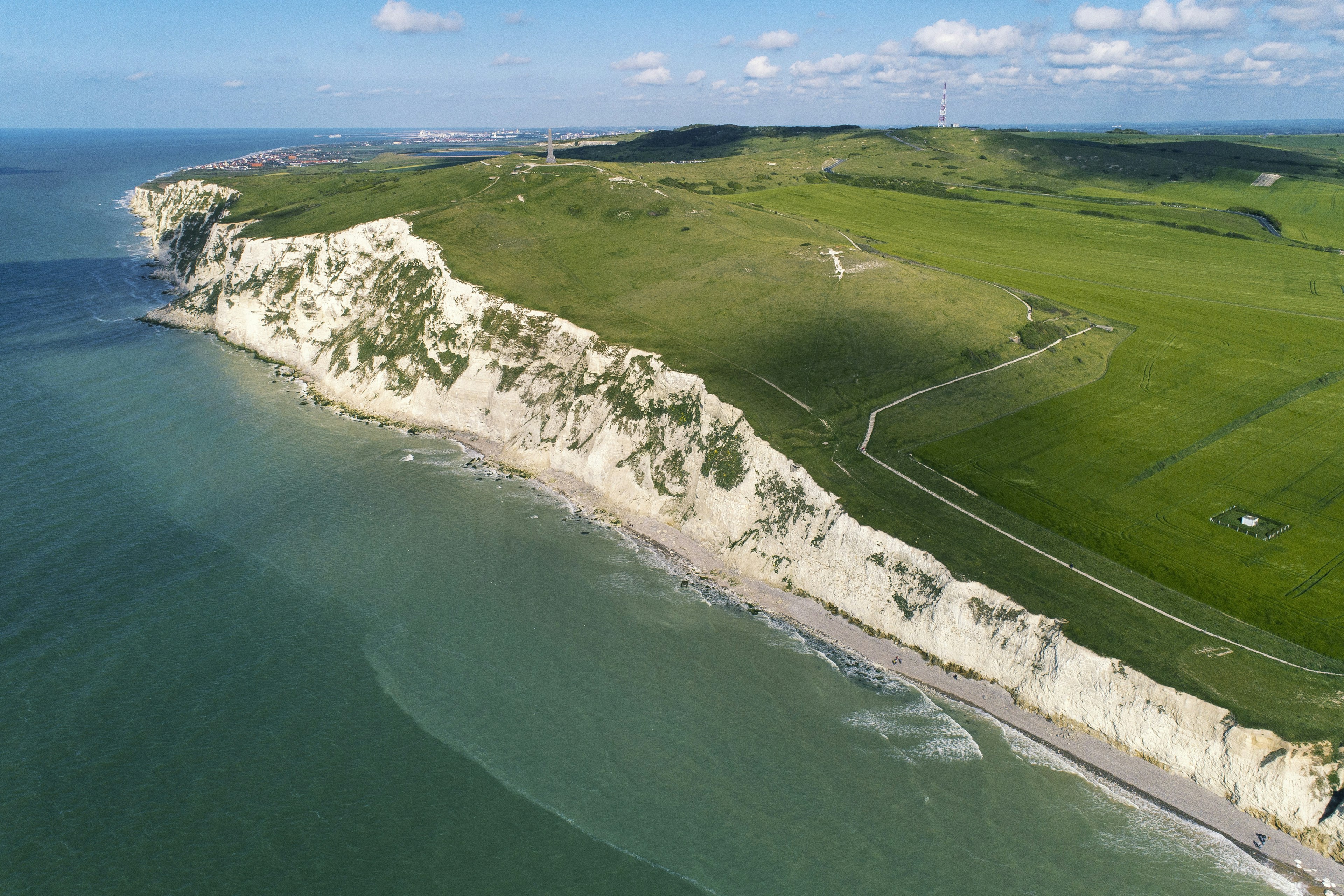 An aerial view of the cliffs of Cap Blanc-Nez, Côte d’Opale, Pas-de-Calais, Hauts-de-France, France