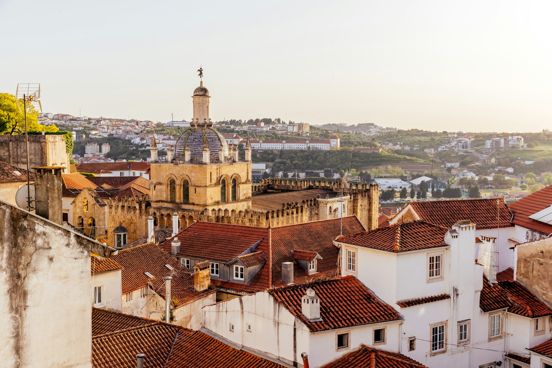 Coimbra city skyline with tower of the Old Cathedral of Coimbra, Portugal