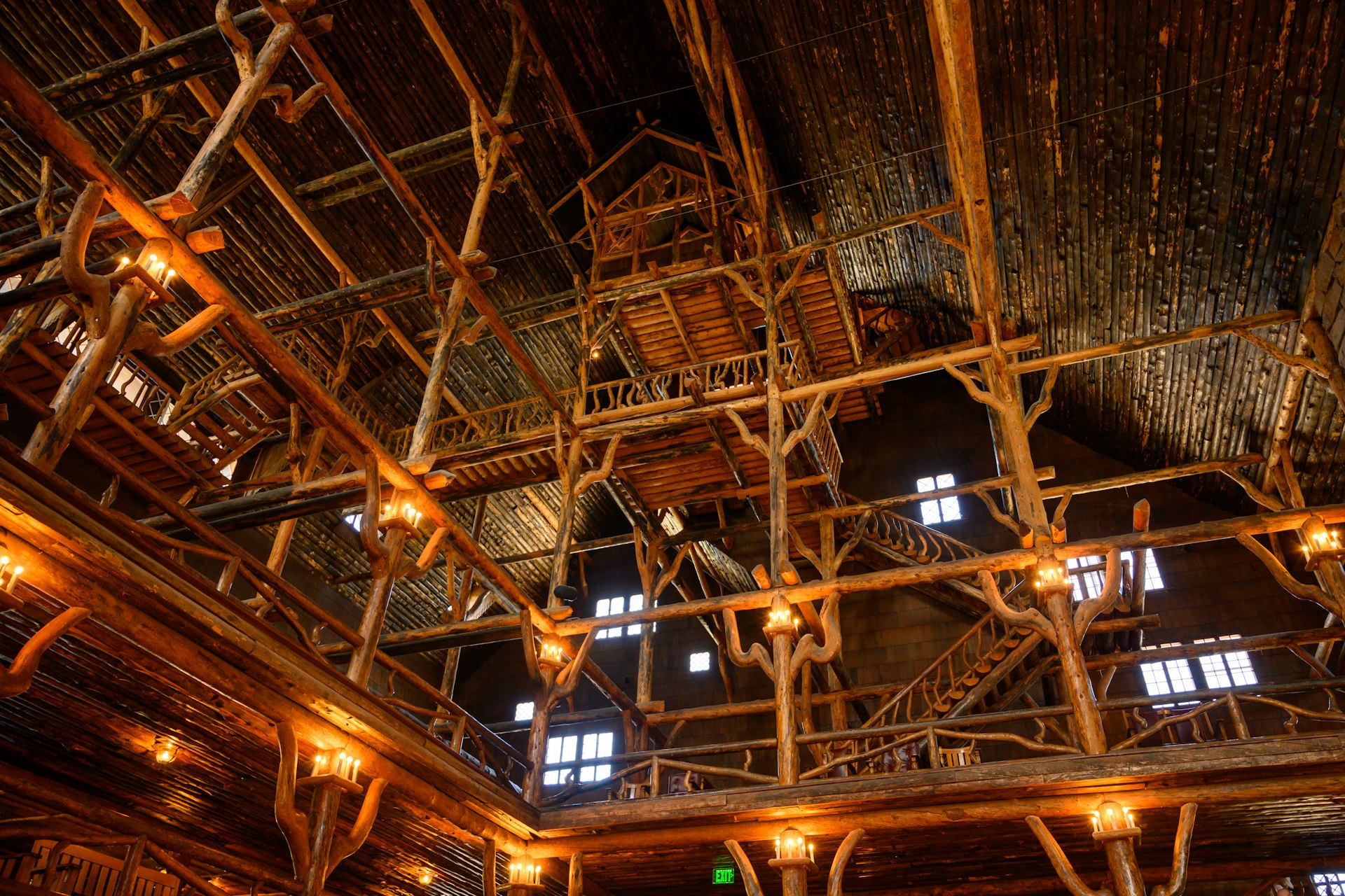 Wooden beams made from logs in the grand hall of Old Faithful Inn, Yellowstone National Park, Wyoming, USA