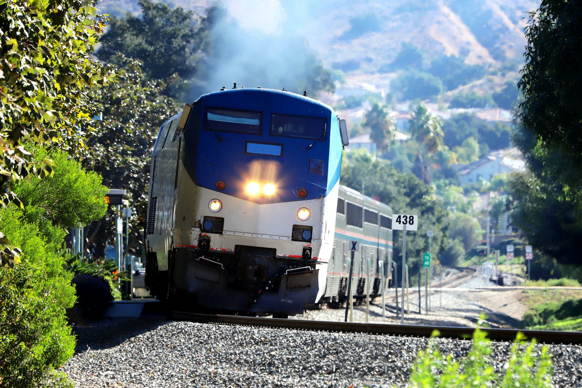 The Famous Long-Haul Amtrak Coast Starlight Train from Los Angeles to Seattle departs from Simi Valley Station, California.
