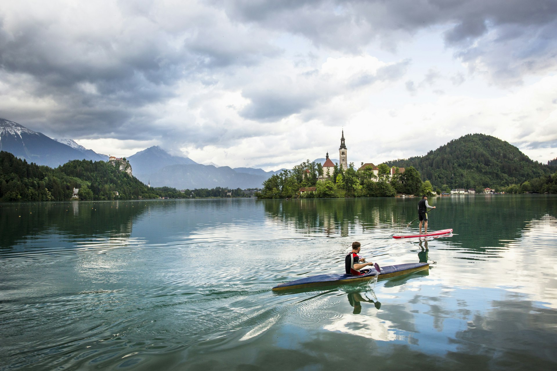 People kayaking on Lake Bled, Slovenia