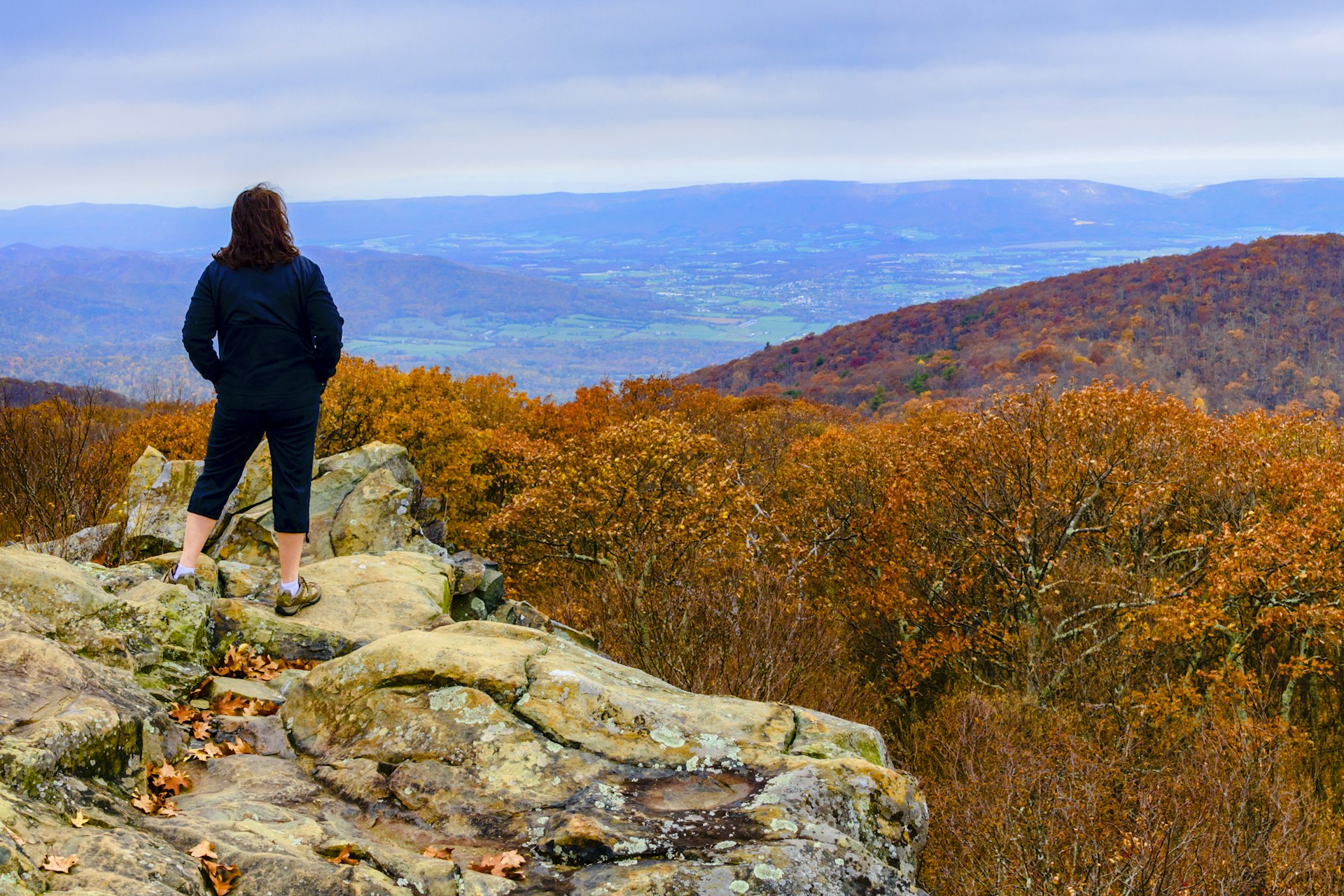 A woman stands on a rocky outcropping overlooking fall foliage in Shenandoah National Park
