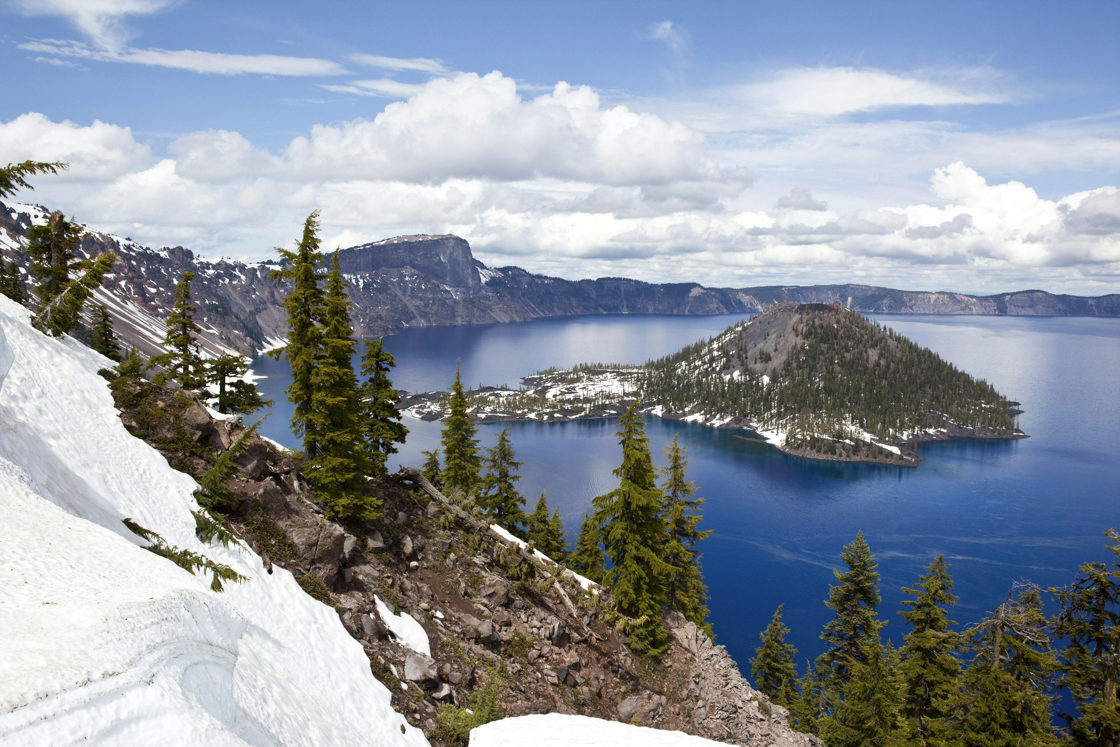 View of a snow-covered island in an alpine lake