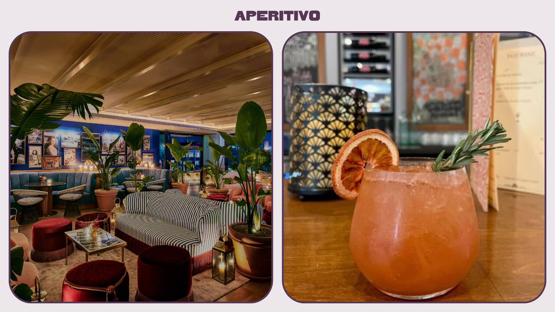 L: Plush, Art-Deco themed lounge of Bar Lis: R: A peach-hued cocktail