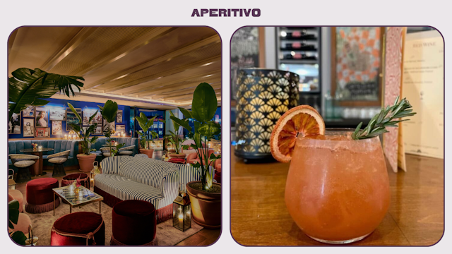 L: Plush, Art-Deco themed lounge of Bar Lis: R: A peach-hued cocktail