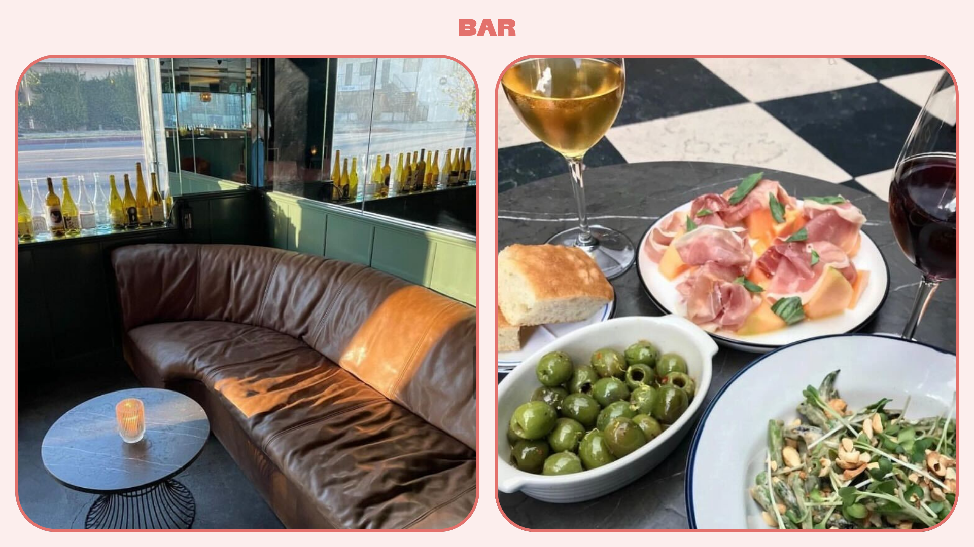 L: Interior of Lolo Wine Bar LA featuring a leather couch looking out onto an LA street. R: Plates of olives, melon, ham and wine