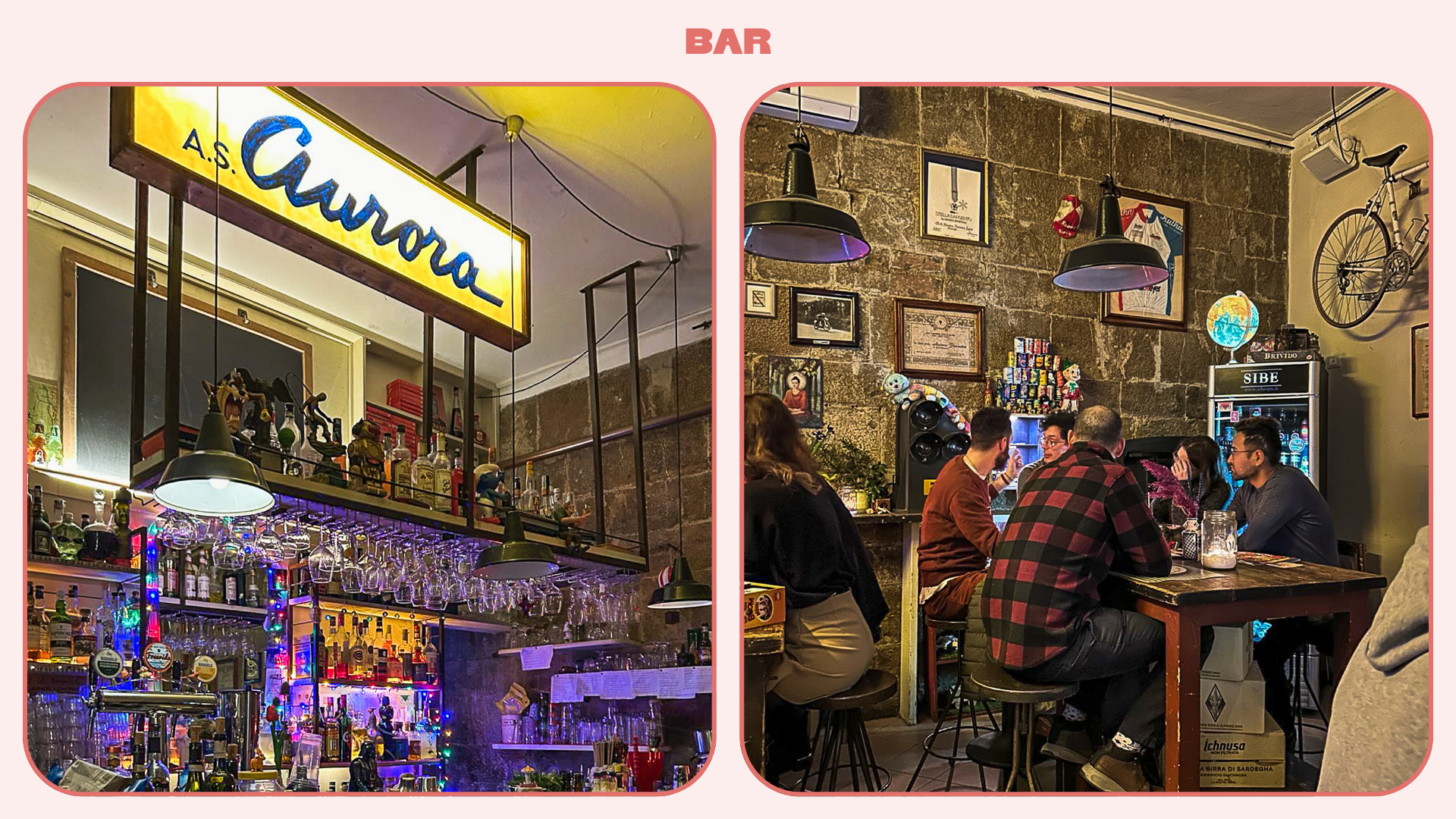 Interiors of an Italian late-night bar with neon signs, bikes hanging from walls and customers chatting over drinks