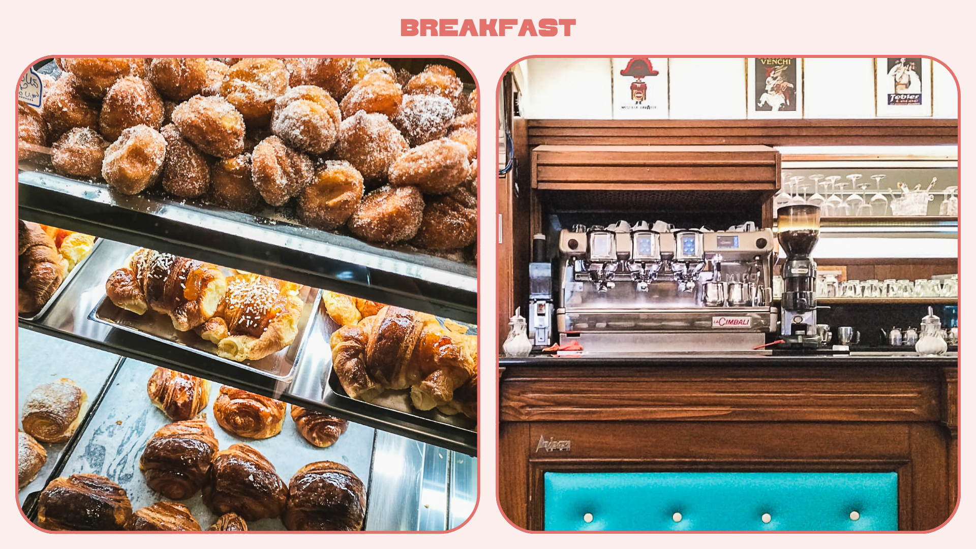 Close-up of pastries and the till at a traditional coffee bar and breakfast spot in Florence
