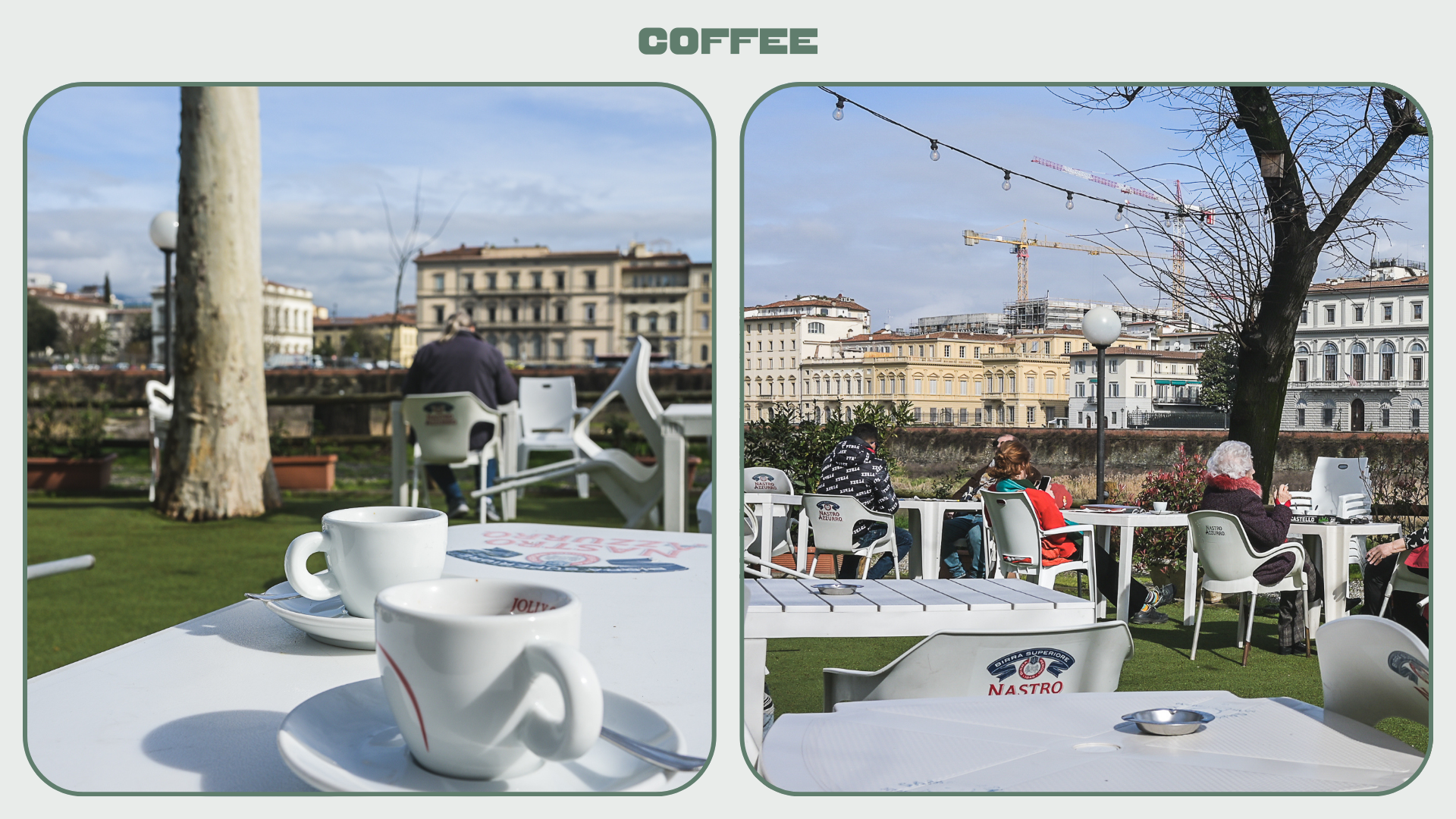 A group of elderly people sit at an outdoor terrace at Circolo Rondinella enjoying coffee and views of Florence