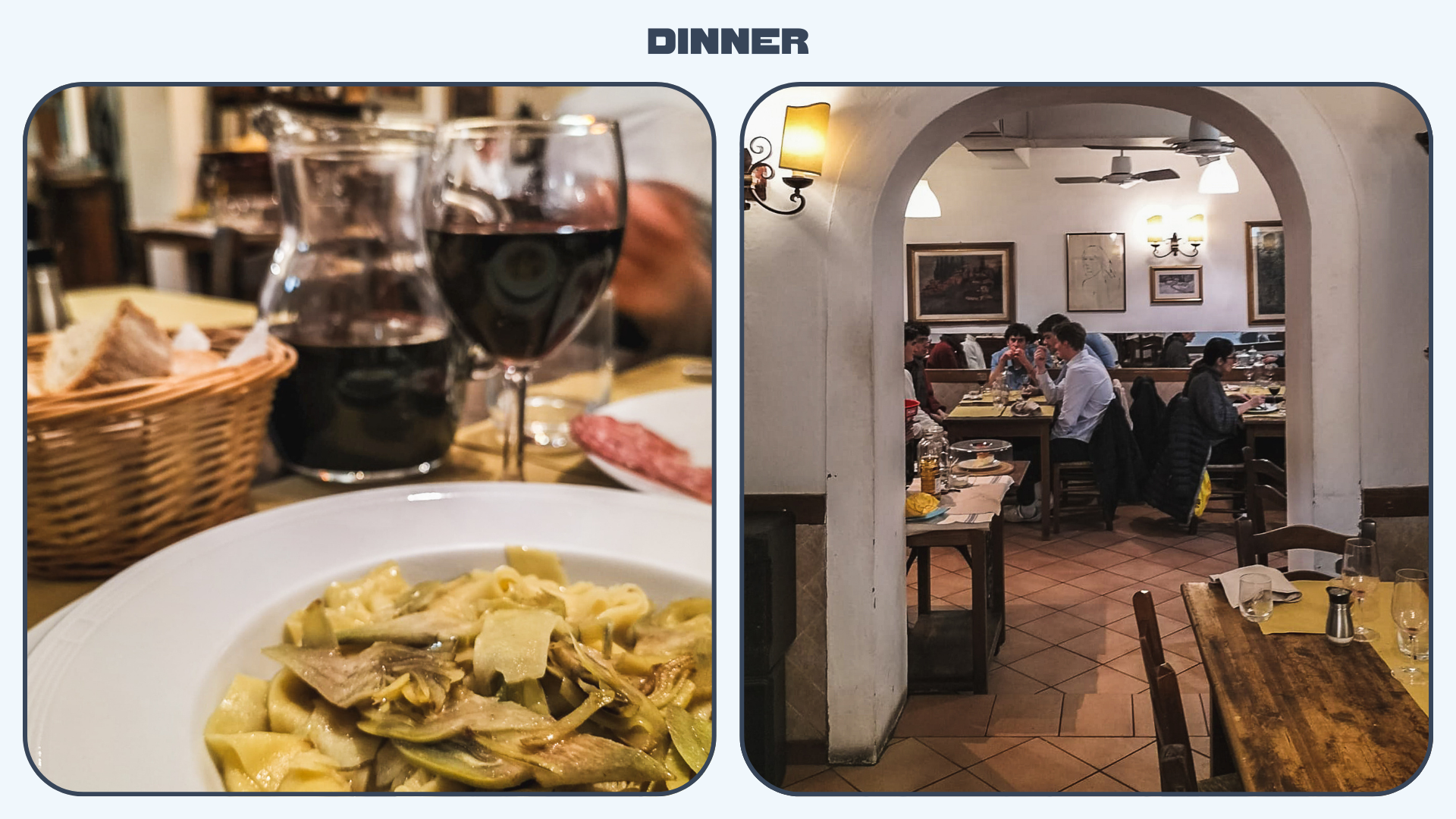 L: Plate of grilled artichokes. R: A group of men sit at a table in an Italian restaurant