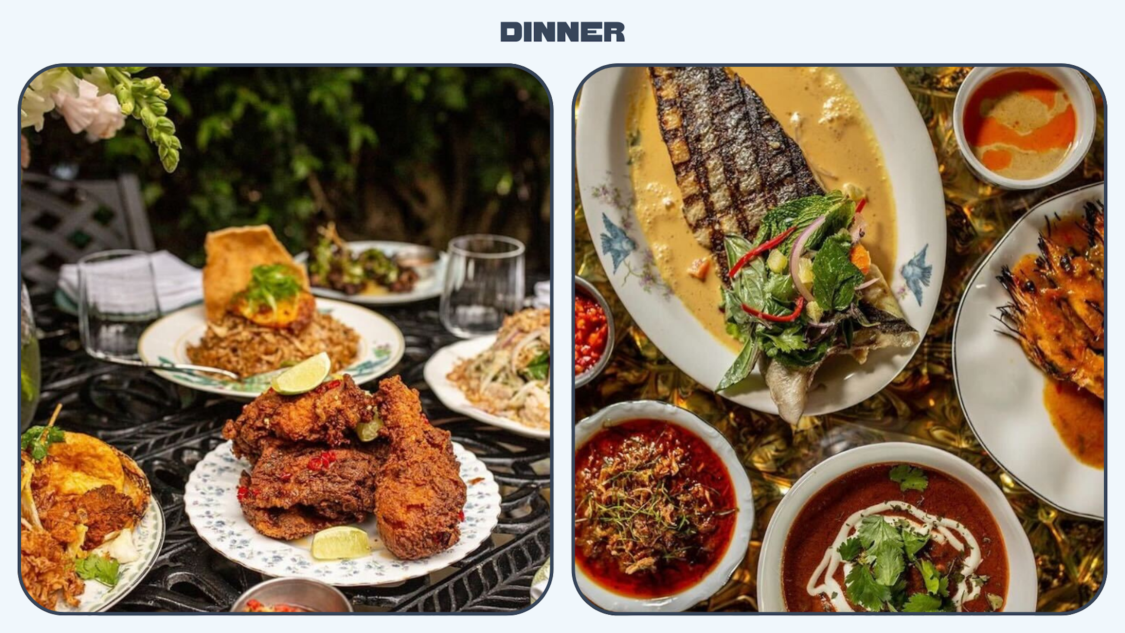 L: Dinner table featuring dry-aged branzino. R: plates of fried chicken