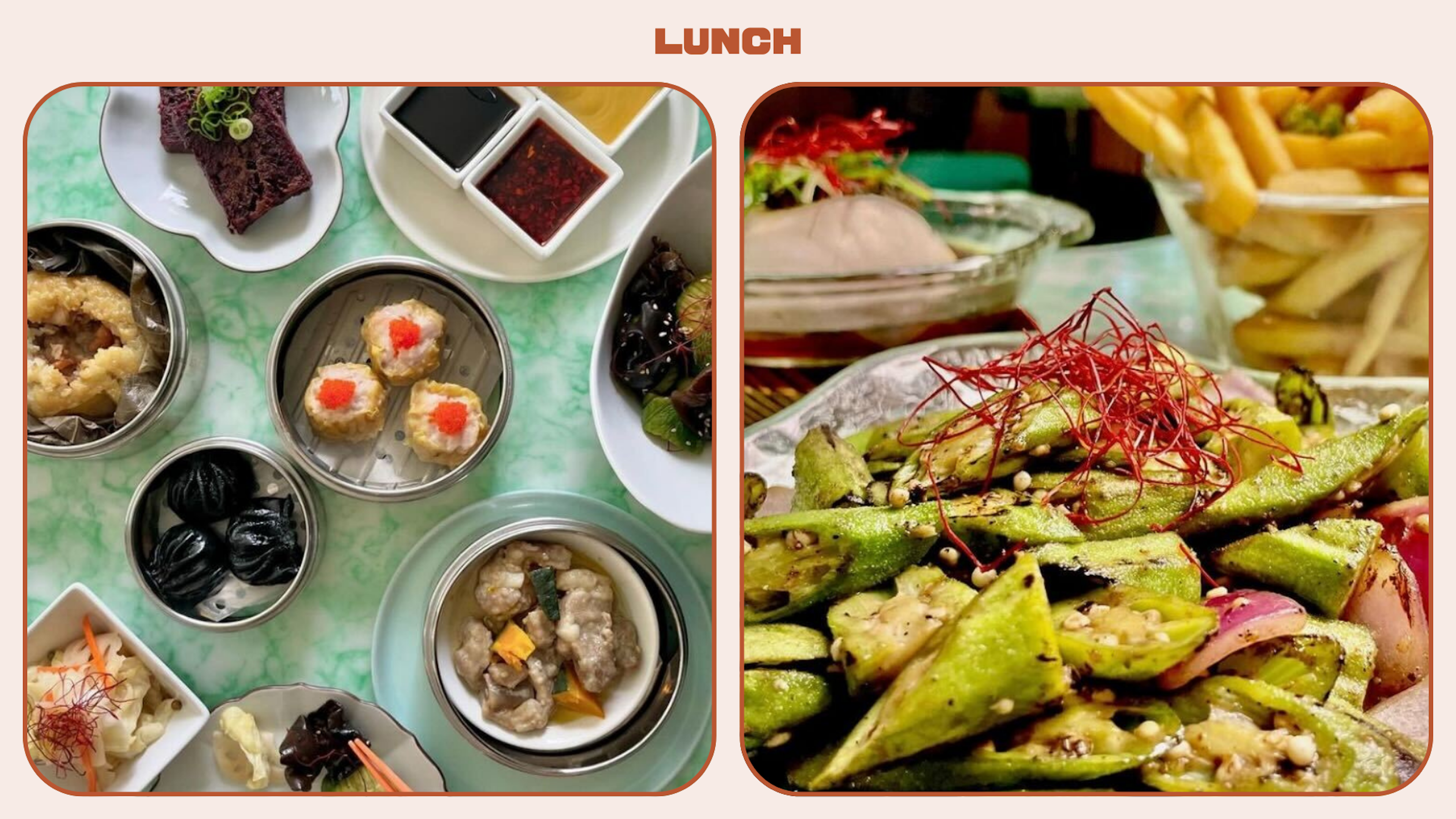 L: Aerial shot on dim sum laid out on a taple. R: Zoomed-in image of spiced okra