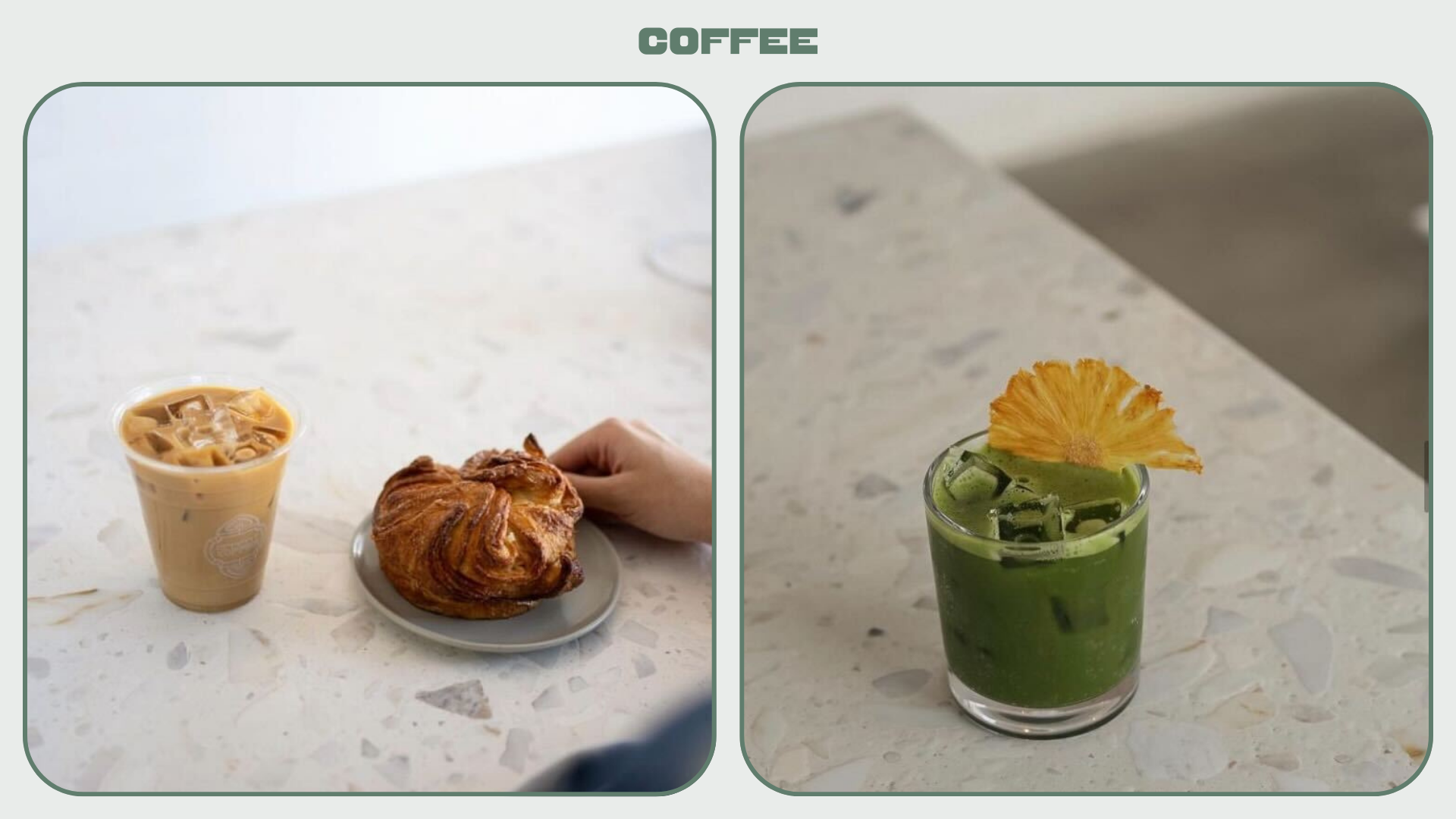 L: Iced latte and morning bun. R: Iced matcha decorated with dried pineapple