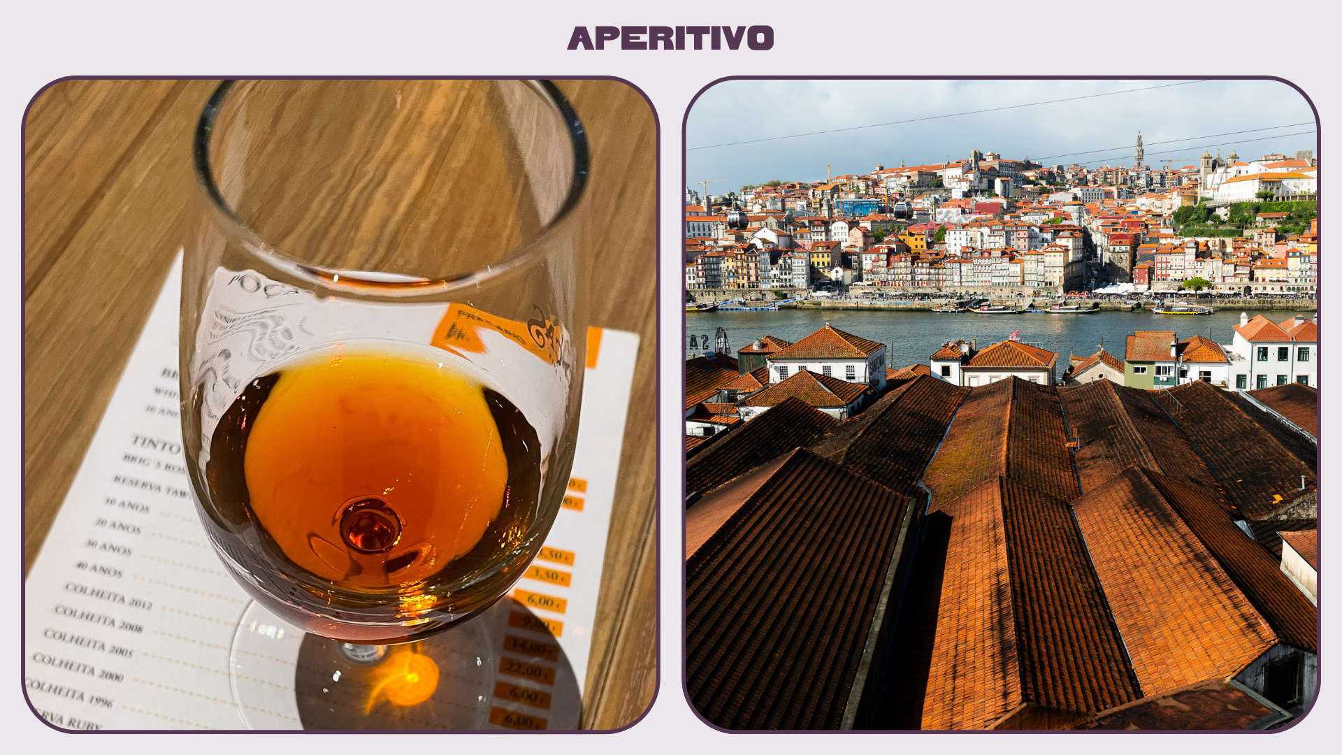 L: Up-close shot of glass of wine. R: View of Porto's rooftops from wine bar