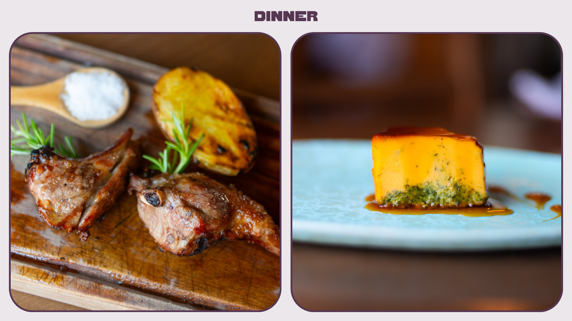 L: A plate of grilled lamb and fried potatoes. R: A Portuguese dessert that looks like flan