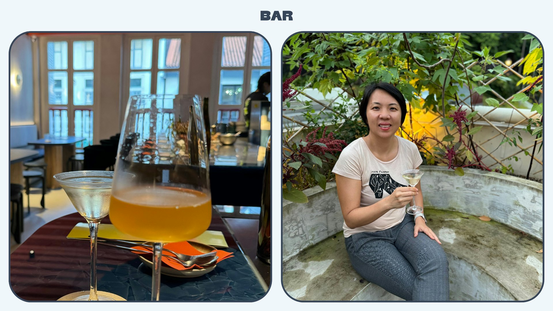 Two cocktails served in glasses, and a woman sat smiling while holding a drink