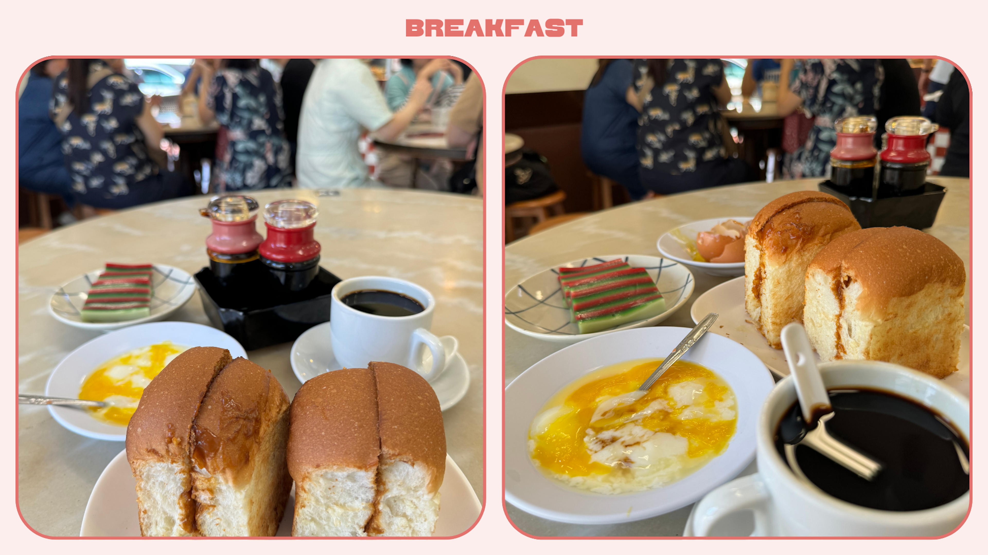 Coffee, buns with jam and an egg dish on a table