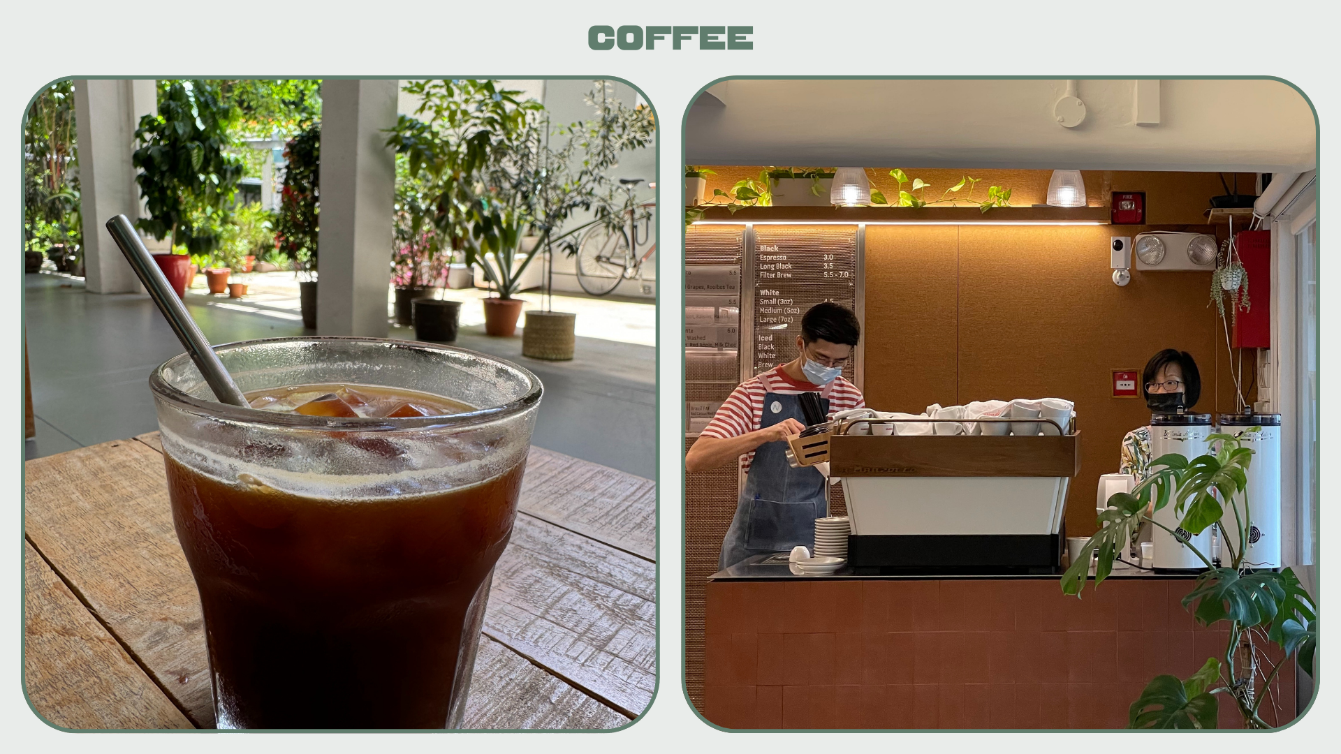 A glass of iced coffee with a straw and two baristas working at the coffee bar