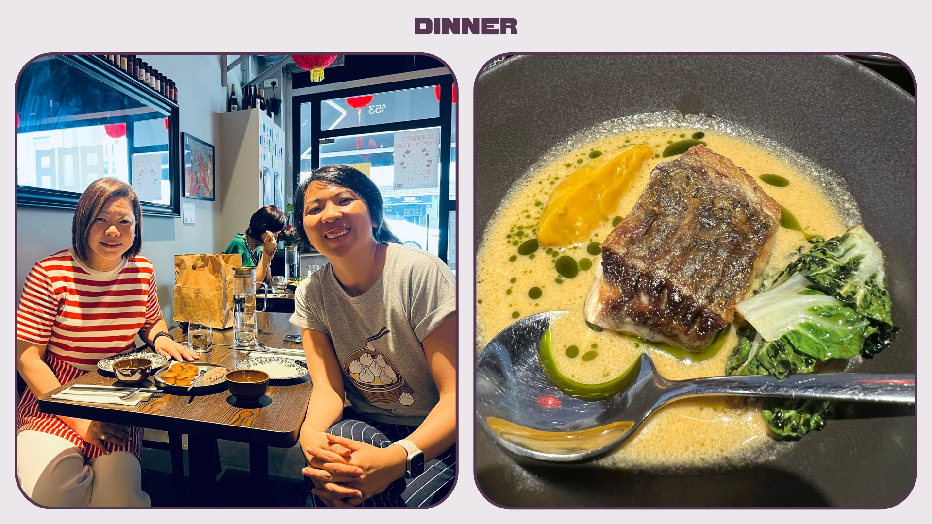 Left: Two people sat at a restaurant table smile at the camera. Right: a piece of cooked fish in broth