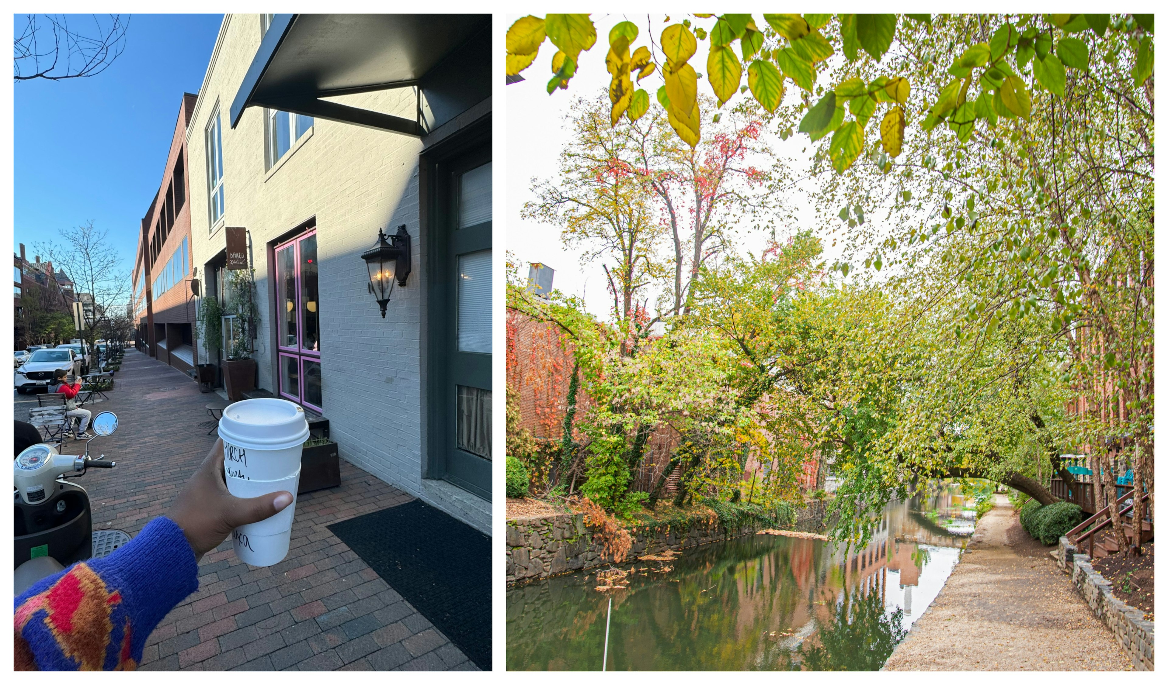 Left: A coffee from Baked and Wired, Georgetown; Right: Walking along the C&O Canal