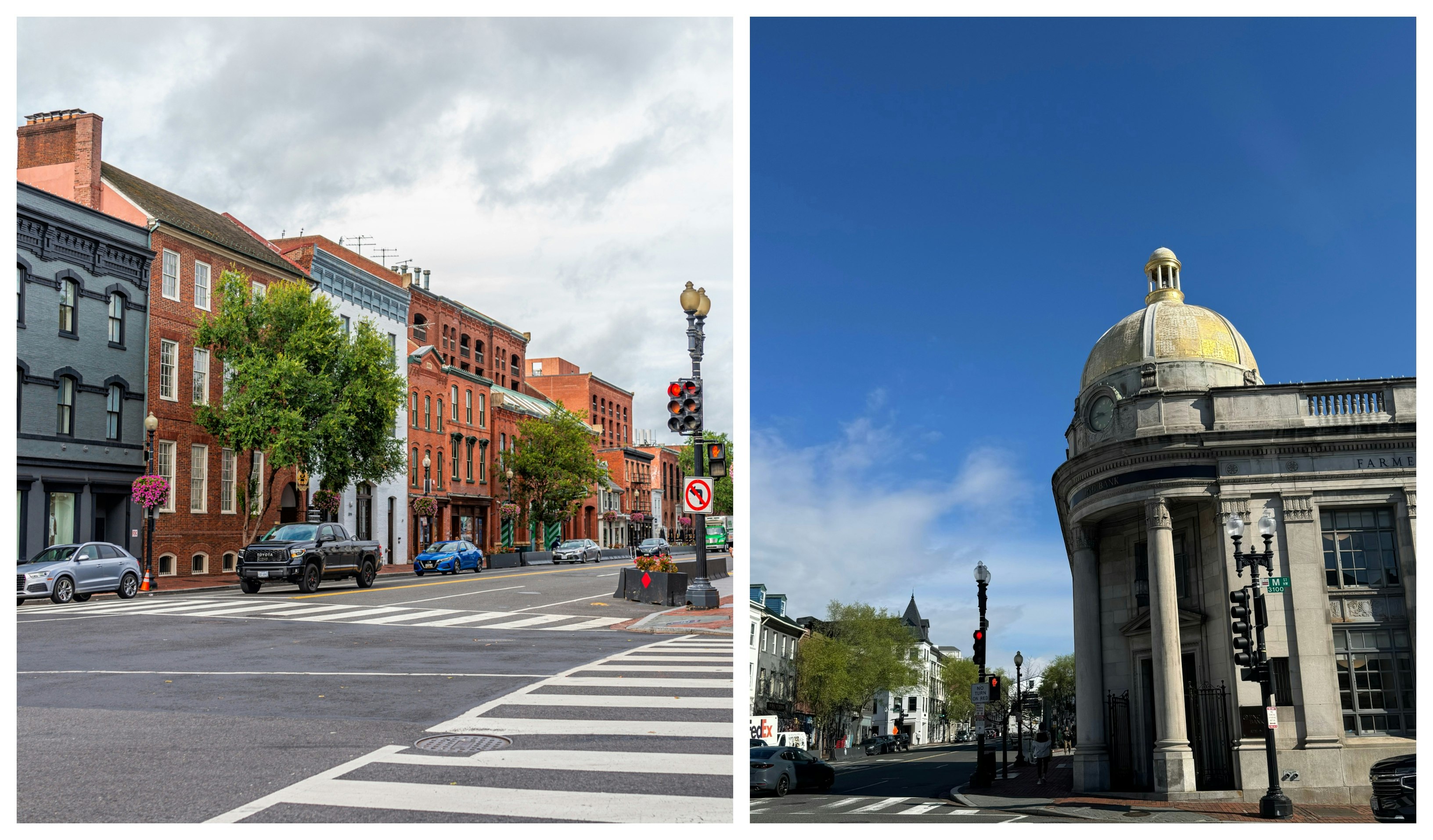 Photo collage. Left: Shops lining Georgetown; Right: Beautiful gold bank in Georgetown 