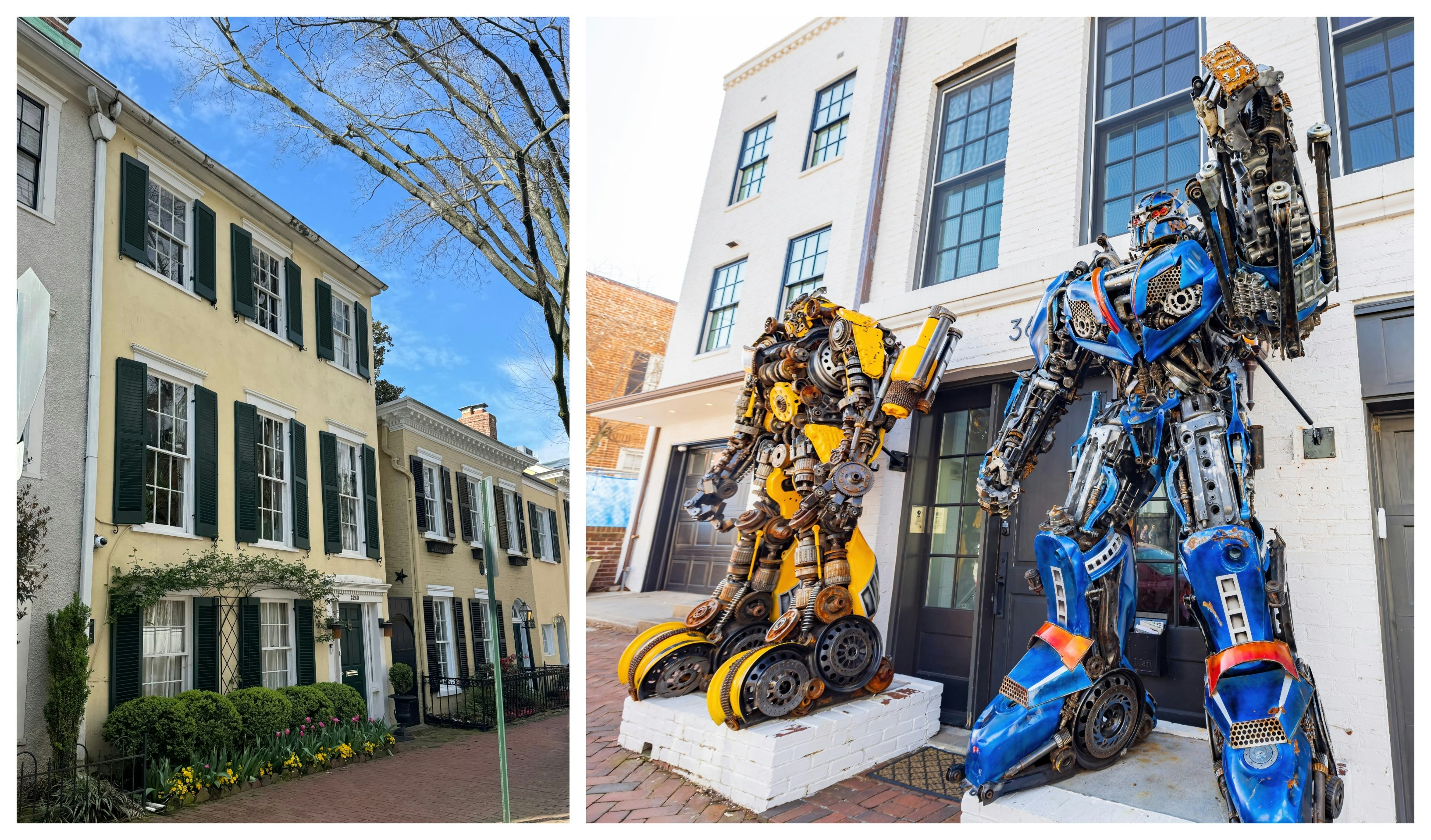 Left: A beautiful yellow townhome in Georgetown, DC; Right: the controversial "Transformers House" 