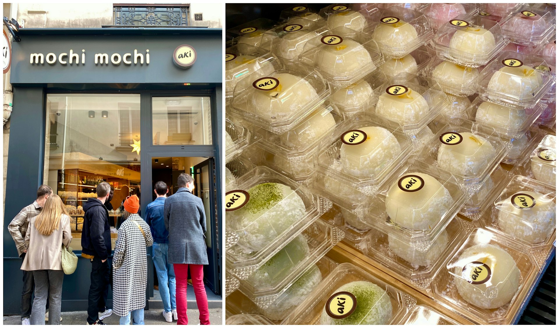 L: Queue outside Mochi Mochi in Paris. R: Close-up of mochi desserts boxed in plastic containers