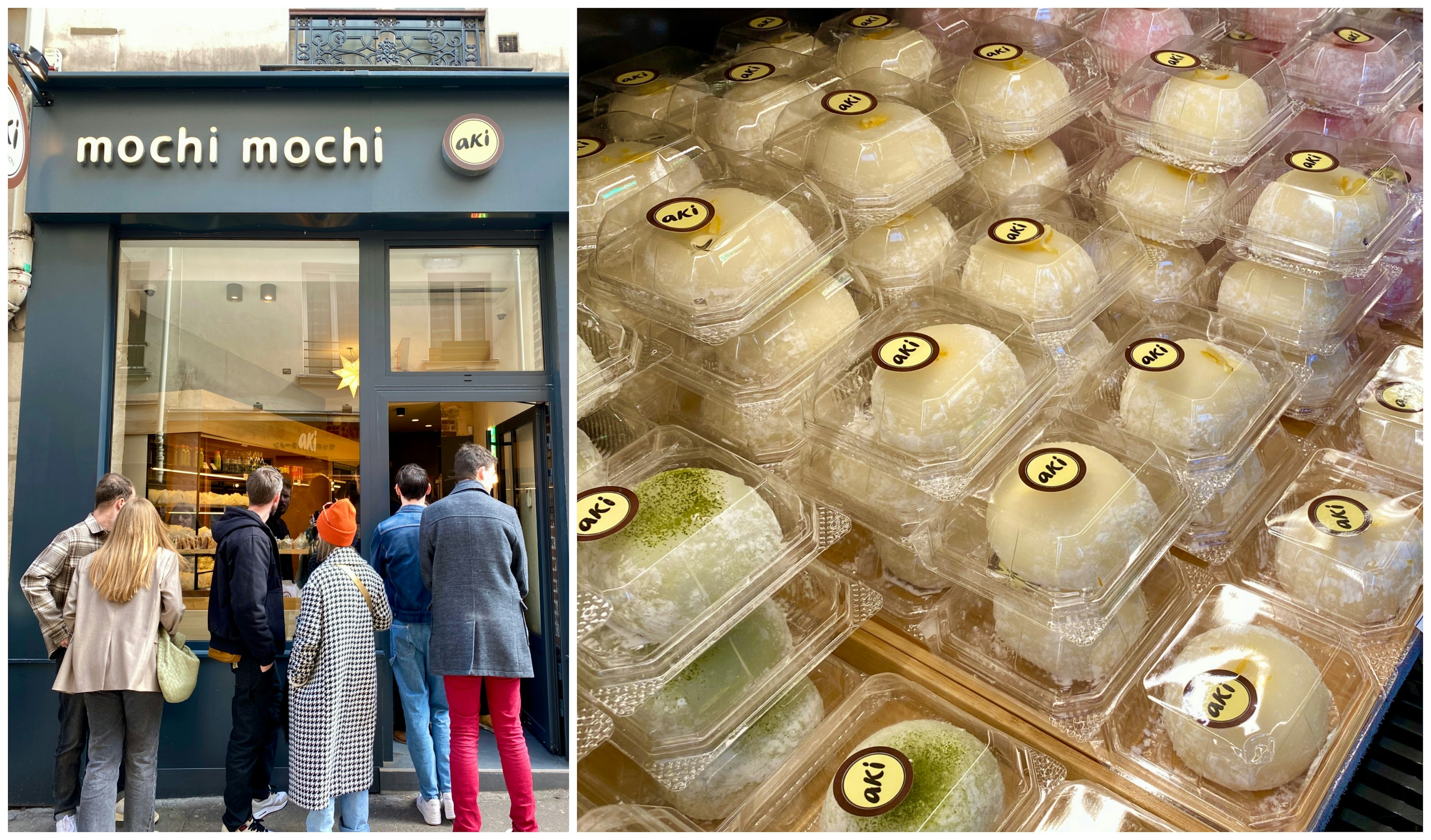 L: Queue outside Mochi Mochi in Paris. R: Close-up of mochi desserts boxed in plastic containers